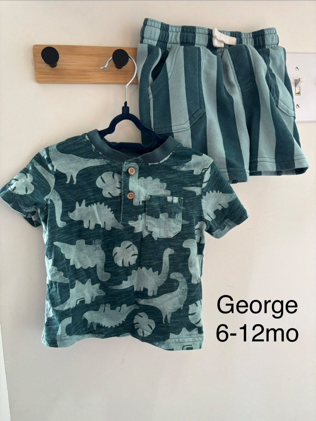 George Dino green matching short set 6-12months , Kids 12 Month (9-12M)