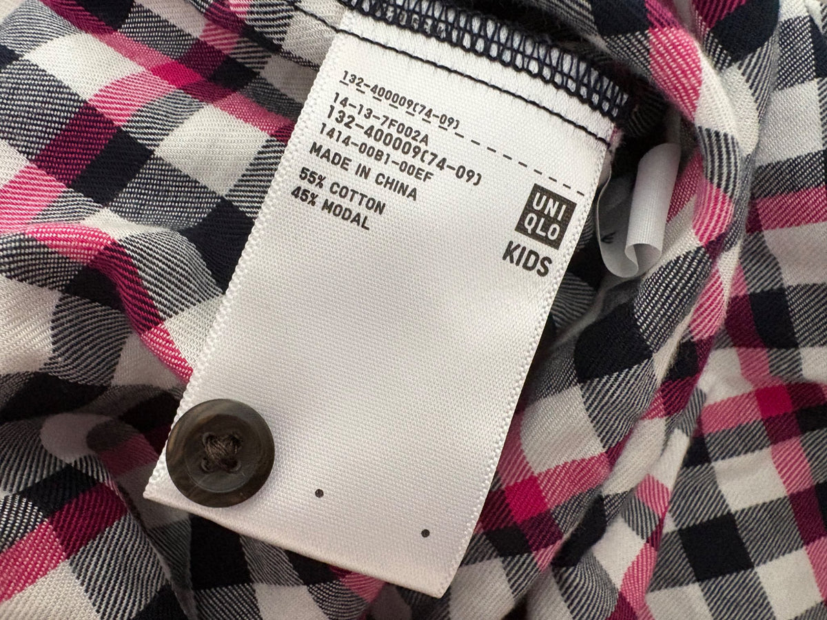 Uniqlo Girls Flannel Long Sleeve Shirt, Pink/Black/White Plaid, NWT, Size 140 (9-10 years old), Kids 10