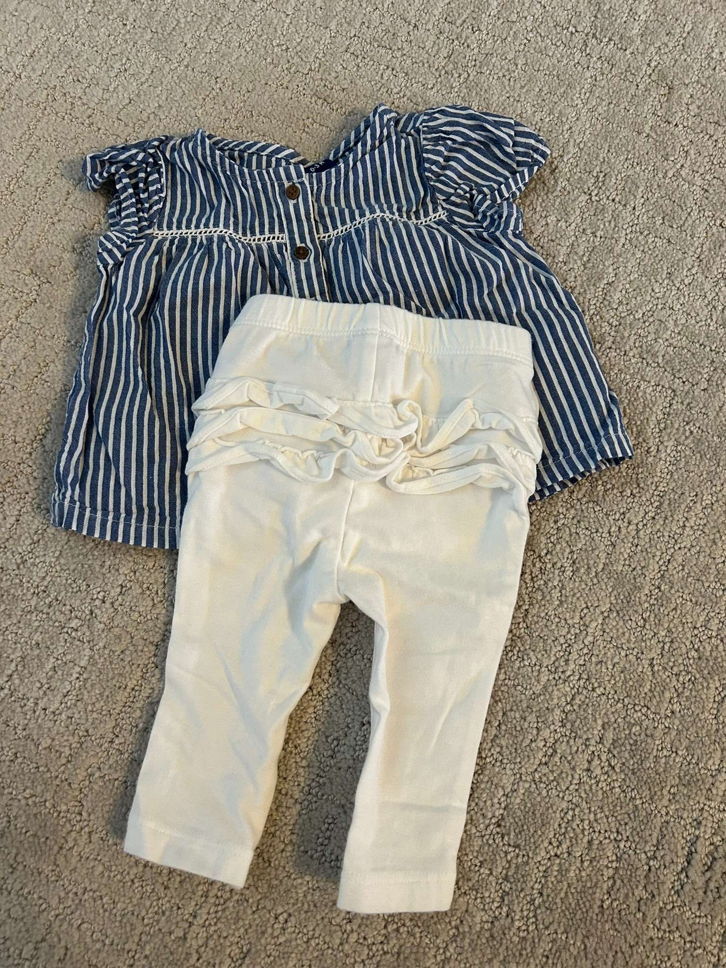 Baby Girl White and Blue Cotton Top and Pants Set, Kids 3 Month (0-3M)