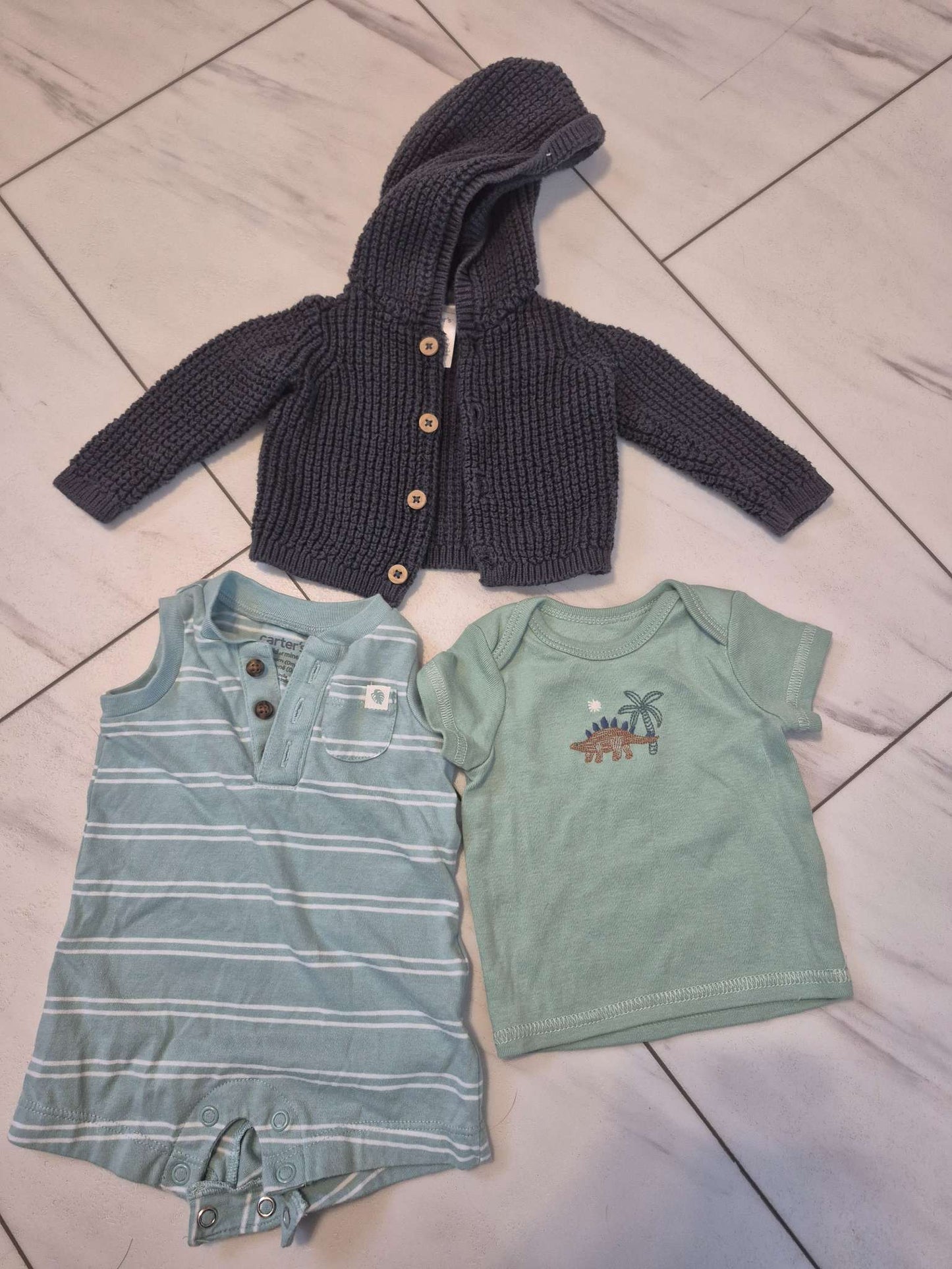 Stripped Romper, Knit Sweater and Dino Shirt, Various Brands, Blue/Green, NEWBORN, Kids Newborn