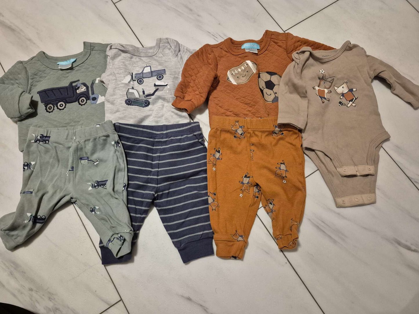 Peckle Outfits Bundle, Sports/Trucks, Blue/Green, Brown/Orange0-3M, Kids 3 Month (0-3M)