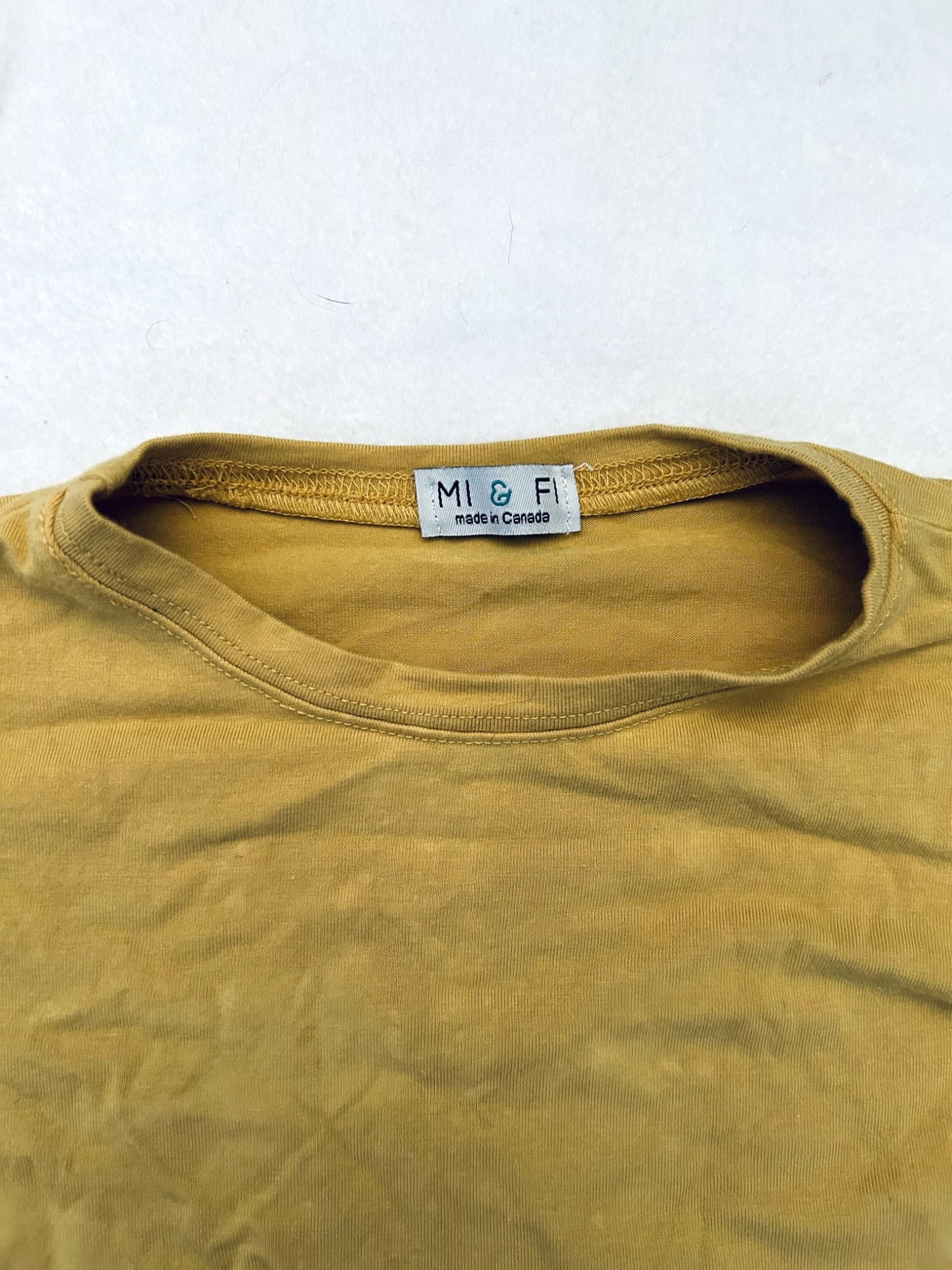 EUC - Small Shop, Mi and Fi, bamboo- cotton t-shirt, Mustard Colour, size 7, retails, $30 new, Kids 7