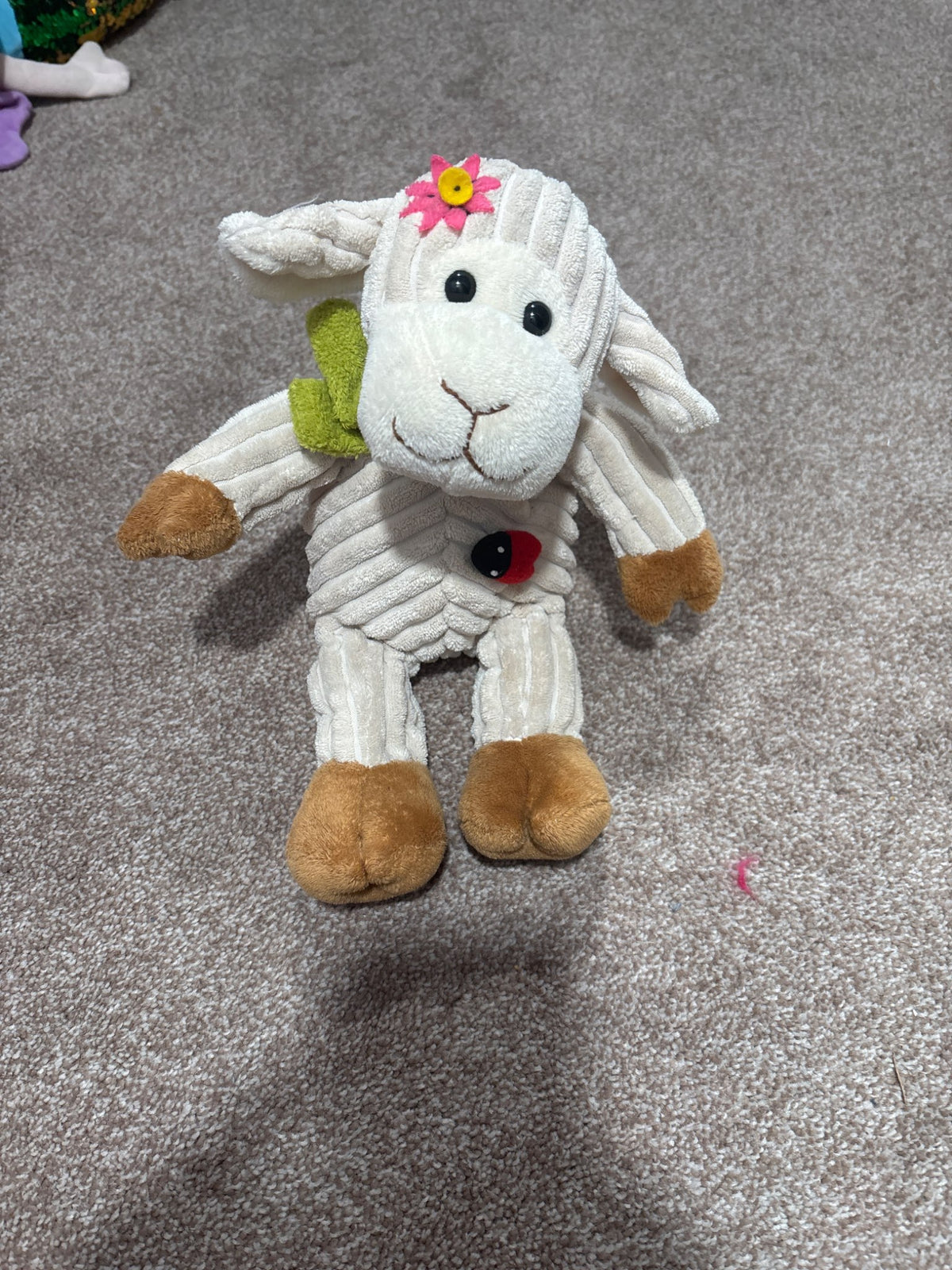 Plush Lamb With Green Scarf and Ladybug