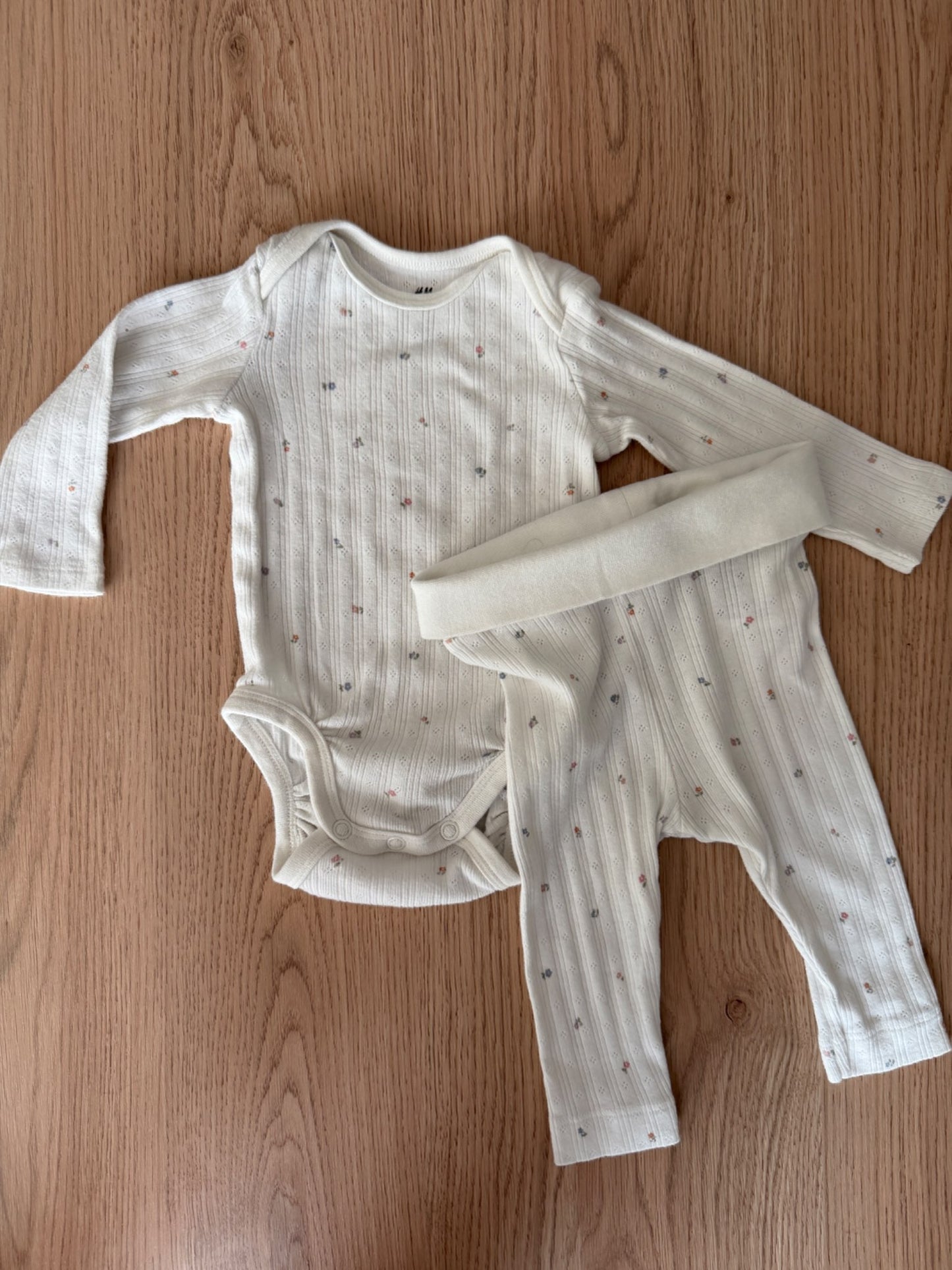 White pointelle floral print matching set, 3M