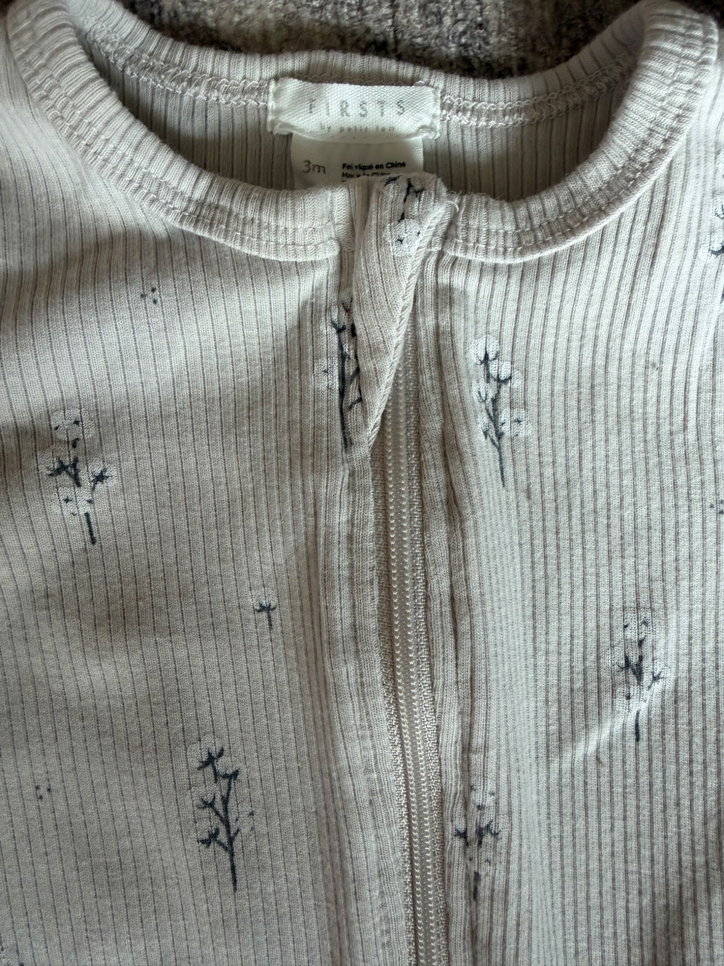 Petit Lem 3M ribbed sleeper- grey floral, Kids 3 Month (0-3M)