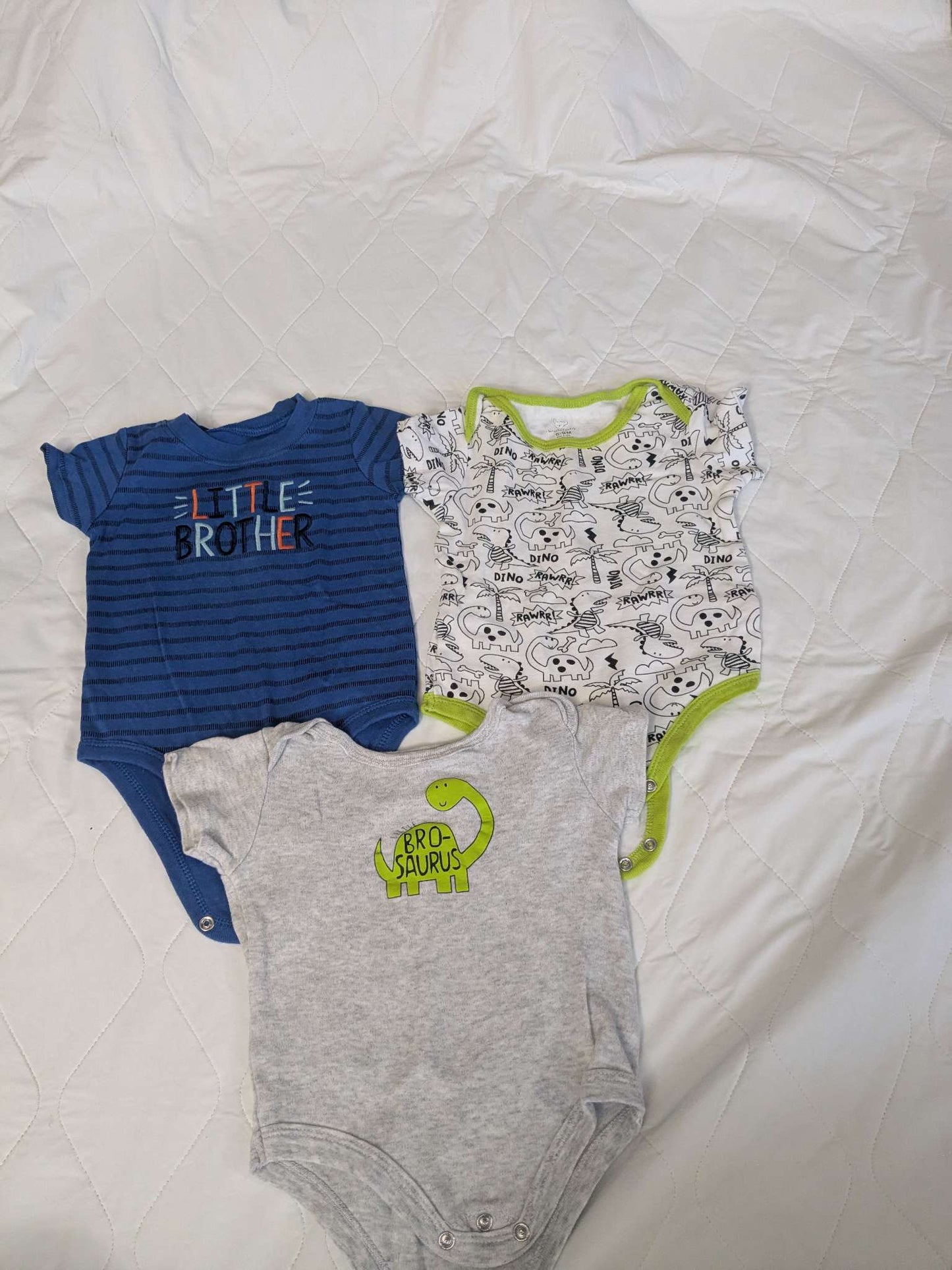 3 pairs of onsies, dinosaur & little brother, 6-9 months, Kids 9 Month (6-9M)