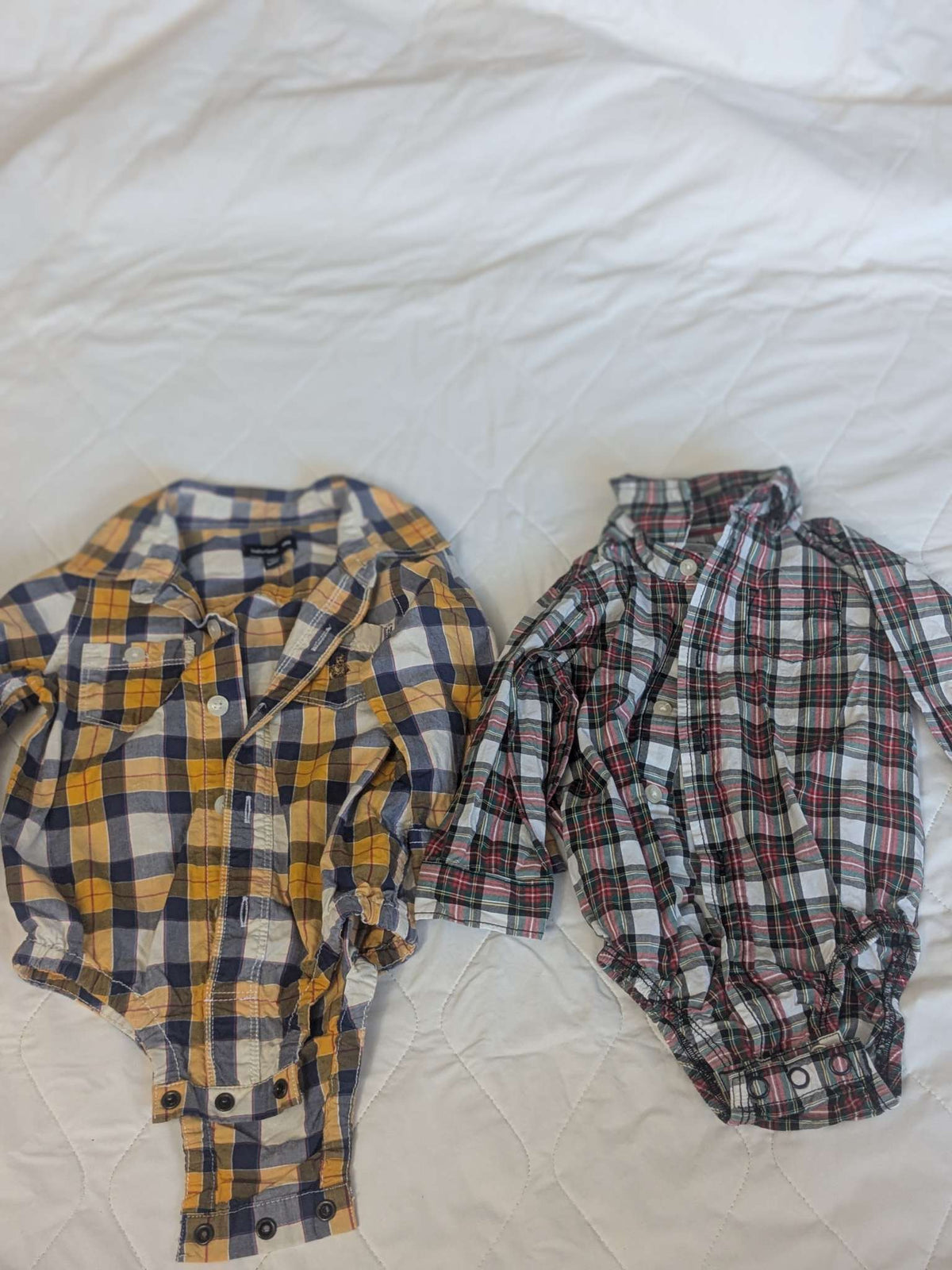 Bundle of 2 plaid long-sleeve dress shirts, yellow plaid & red plaid, 6-12 months, Kids 9 Month (6-9M)