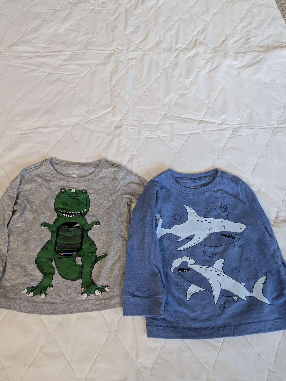 2 long sleeve shirts, dinosaur and sharks, carter's, Kids 12 Month (9-12M)