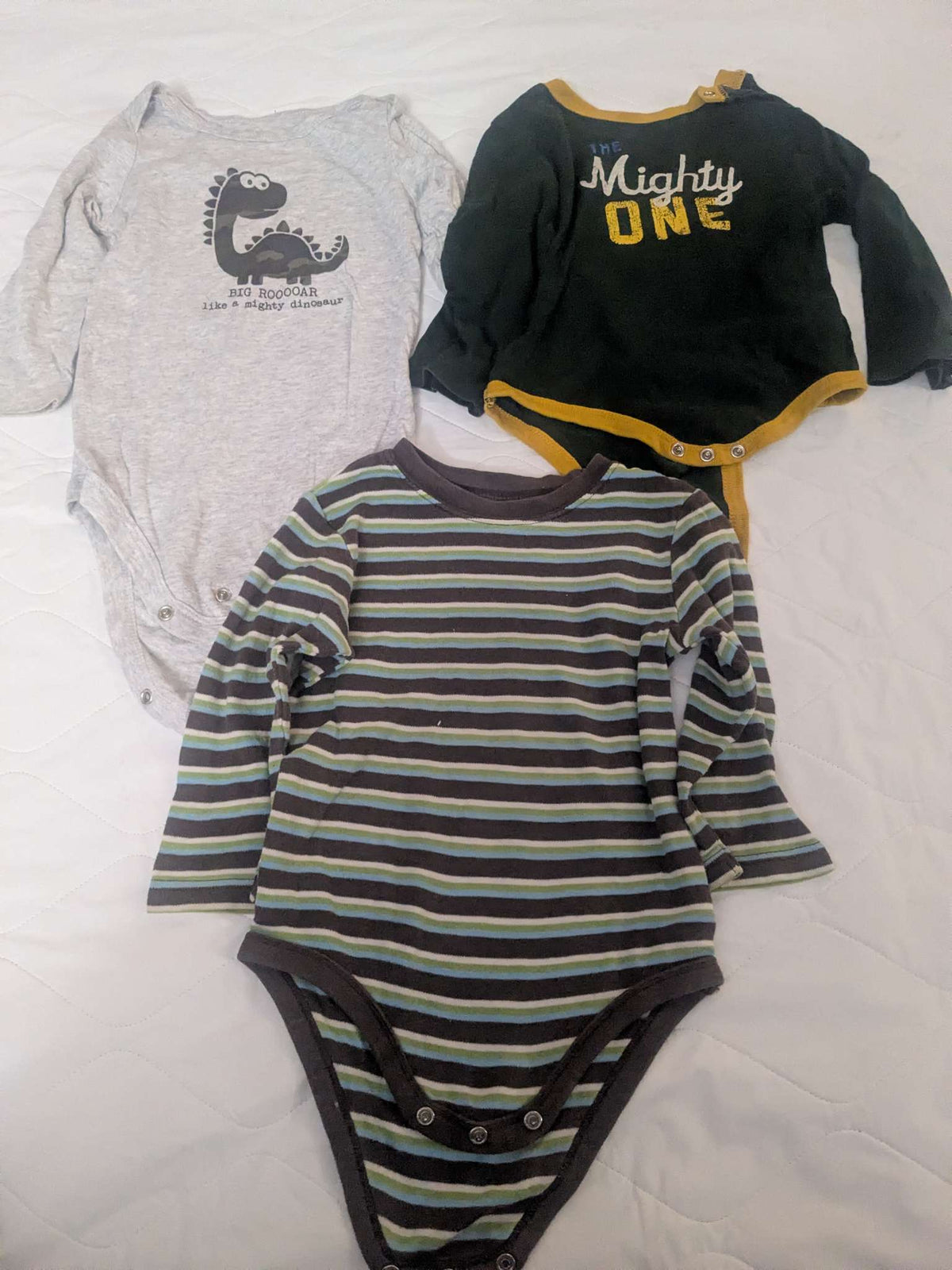 Bundle of 3 long sleeve onesies, 18-24 month, dinosaur, mighty and striped, Kids 24 Month (18-24M)