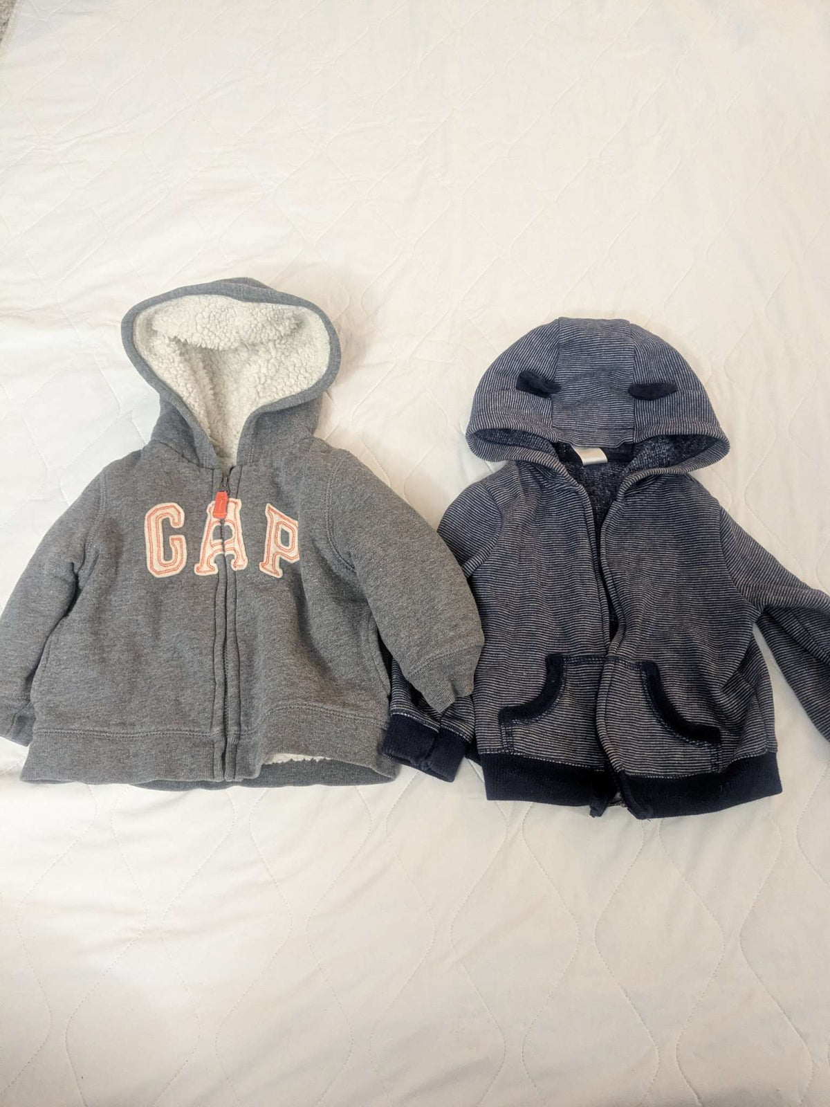 2 hoodies, thick fleece gray and blue striped, Kids 18 Month (12-18M)