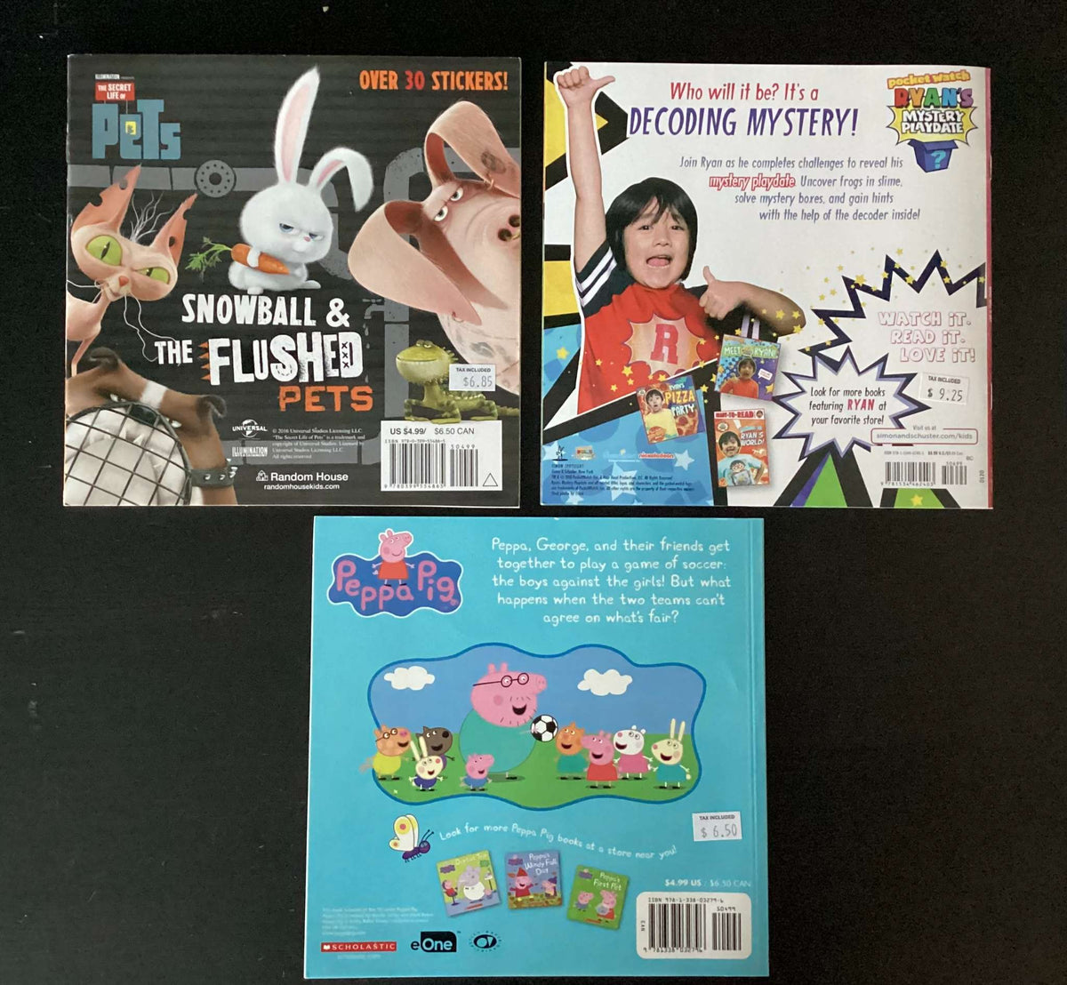 Bundle of 3 Books: Ryan's Mystery Playdate: Who Will it Be?, The Secret Life of Pets, Peppa Plays Soccer, Peppa Plays Soccer