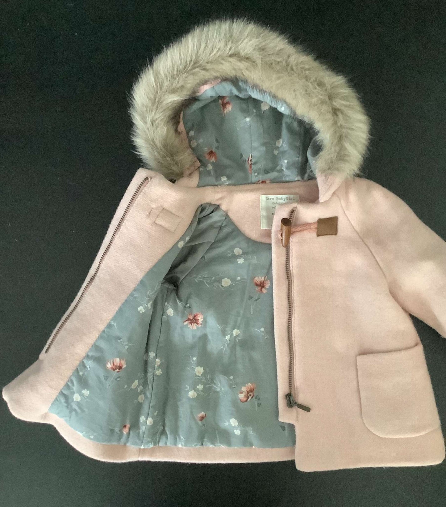 Zara Baby Girls Fur Lined Hood Peacoat 6-9 months, Kids 9 Month (6-9M)