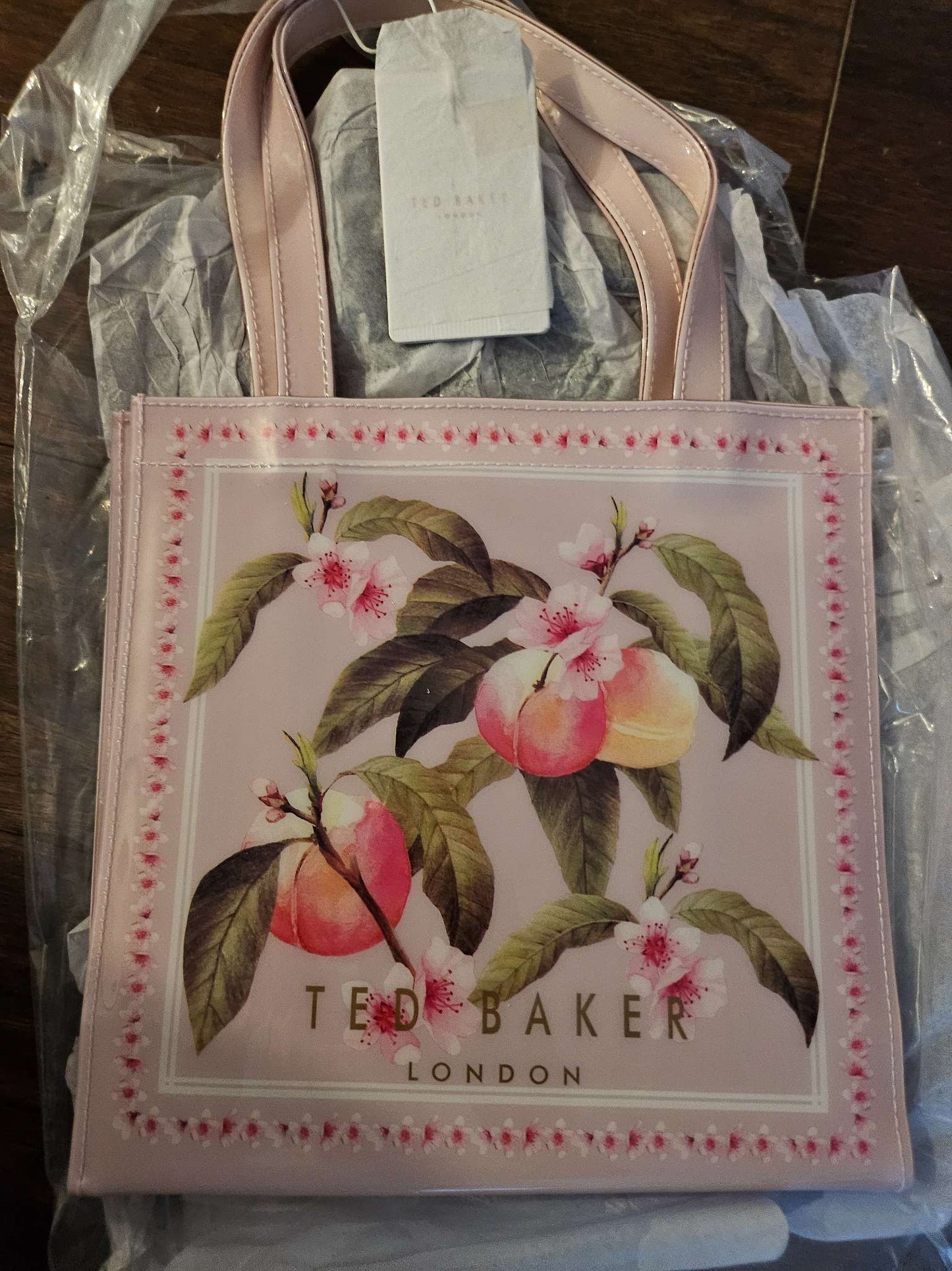 Ted Baker London Peach & Floral Print Small Vinyl Icon Tote Bag NWT | Pink Shopper