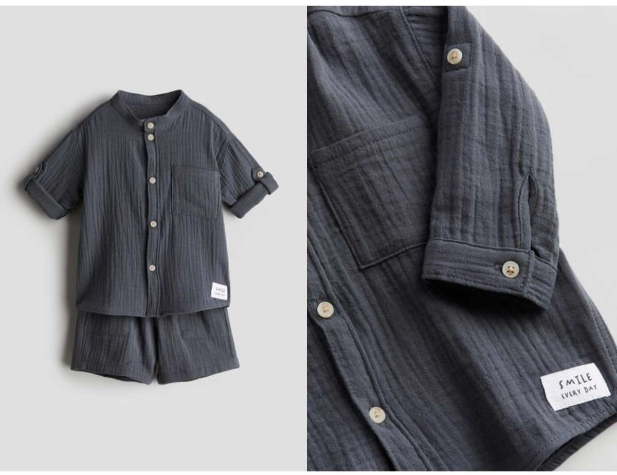 H&M Toddler Boy Cotton Muslin Outfit Set, Short sleeve button up and shorts, Dark grey, 12-18M, Kids 18 Month (12-18M)