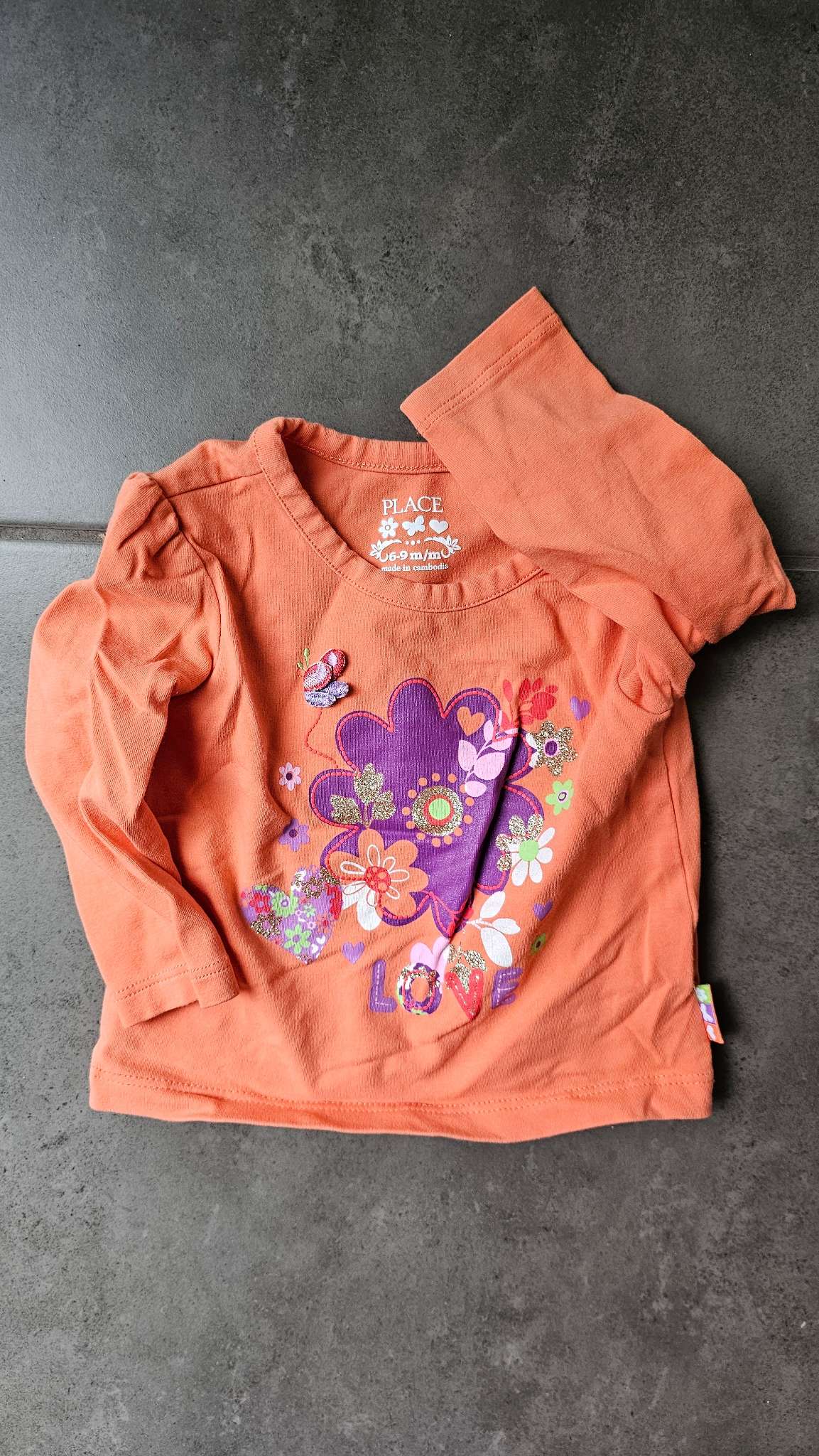Children’s Place Orange “Love” Floral Shirt (6–9 Months), Kids 9 Month (6-9M)