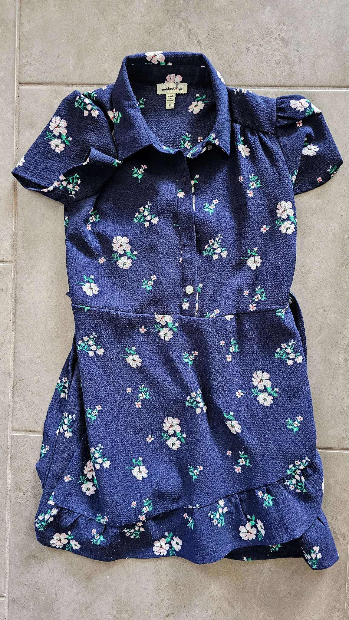 Monteau girl Blue Floral Ruffle Button Dress – size 6, Kids 6/6X