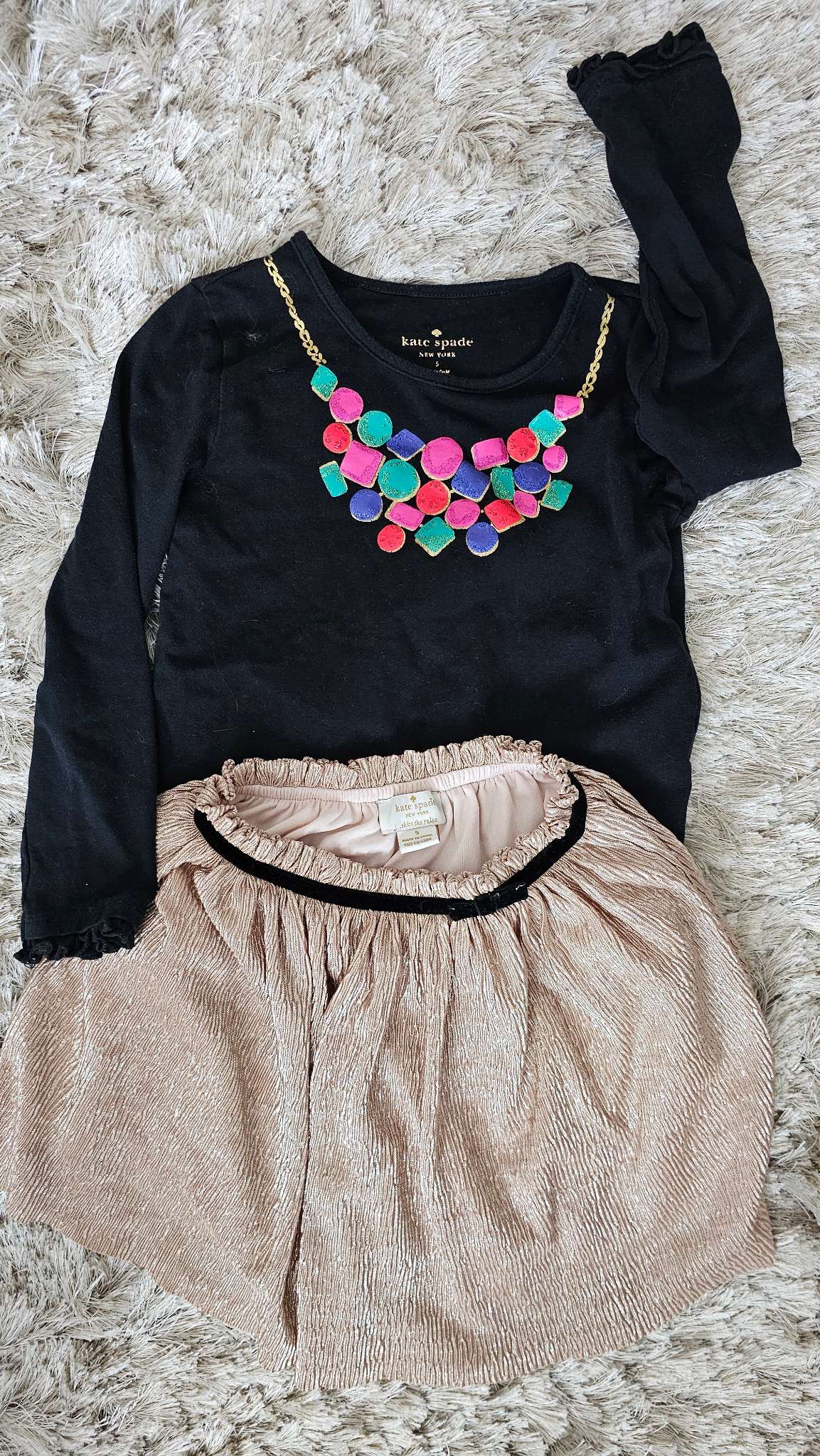 Kate Spade Girls Black Shirt & Gold Skirt Set – size 5, Kids 5/5T