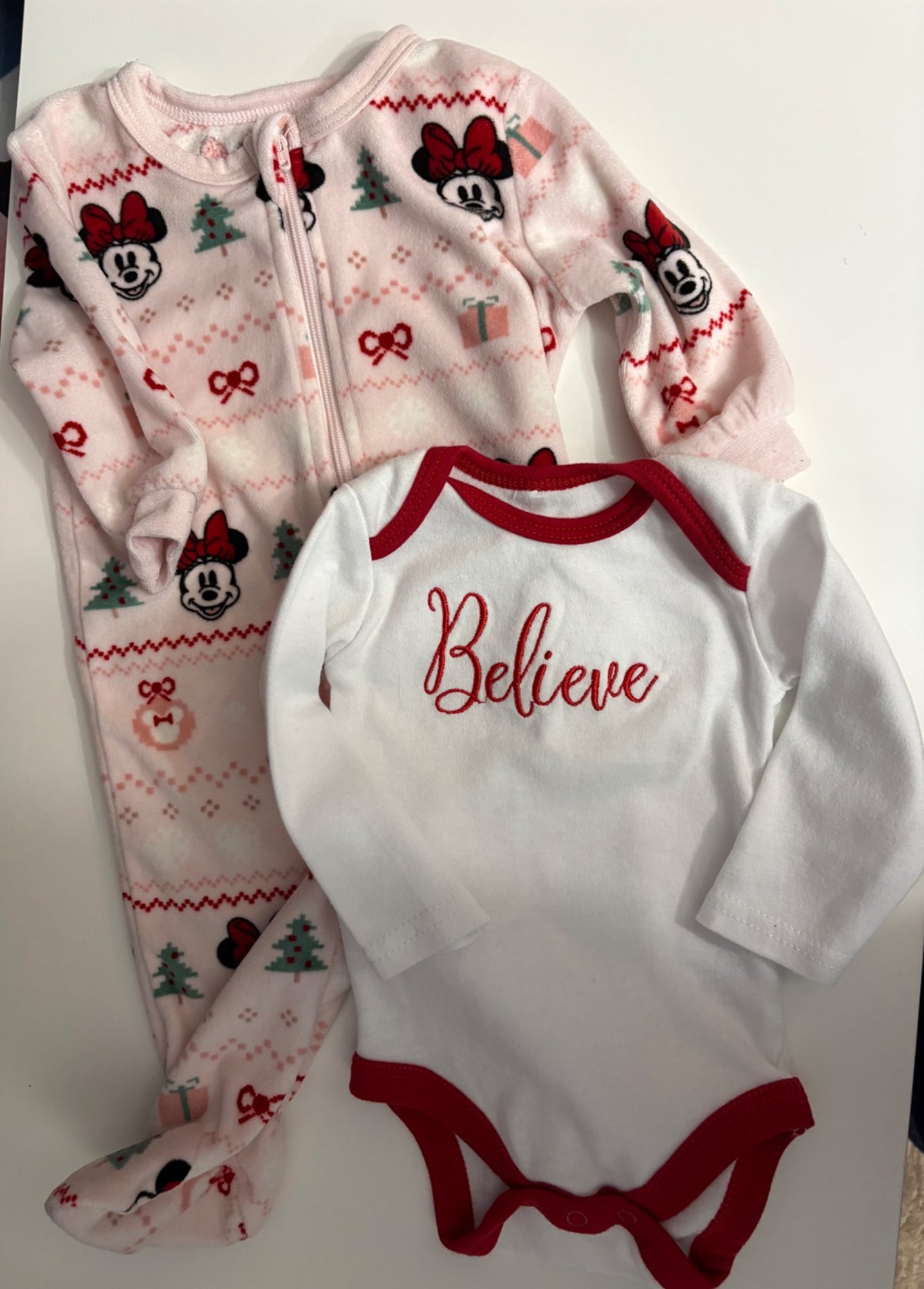 Baby Girl Holiday Minnie Sleeper & "Believe" Bodysuit Set (0-3 months), Kids 3 Month (0-3M)