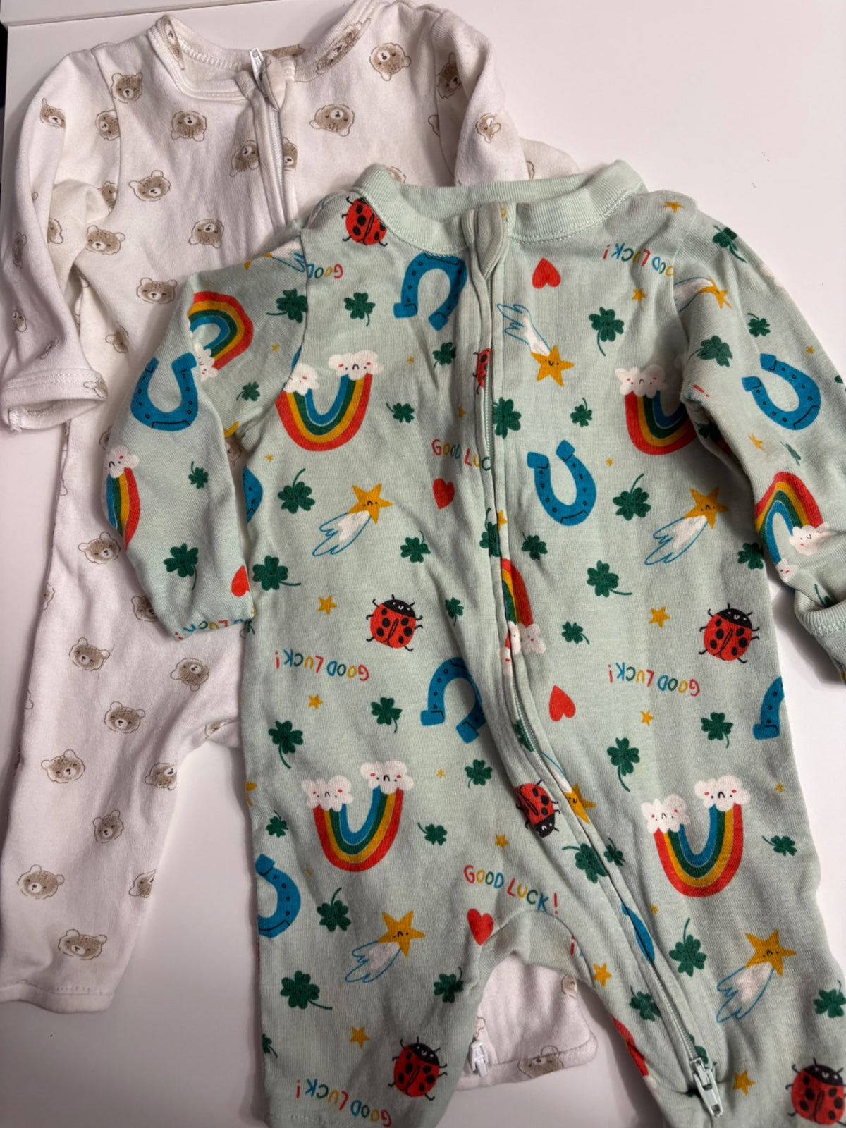 3M Baby Footed Sleepers 2-Pack (Teddy Bears & Good Luck Rainbows), Kids 3 Month (0-3M)