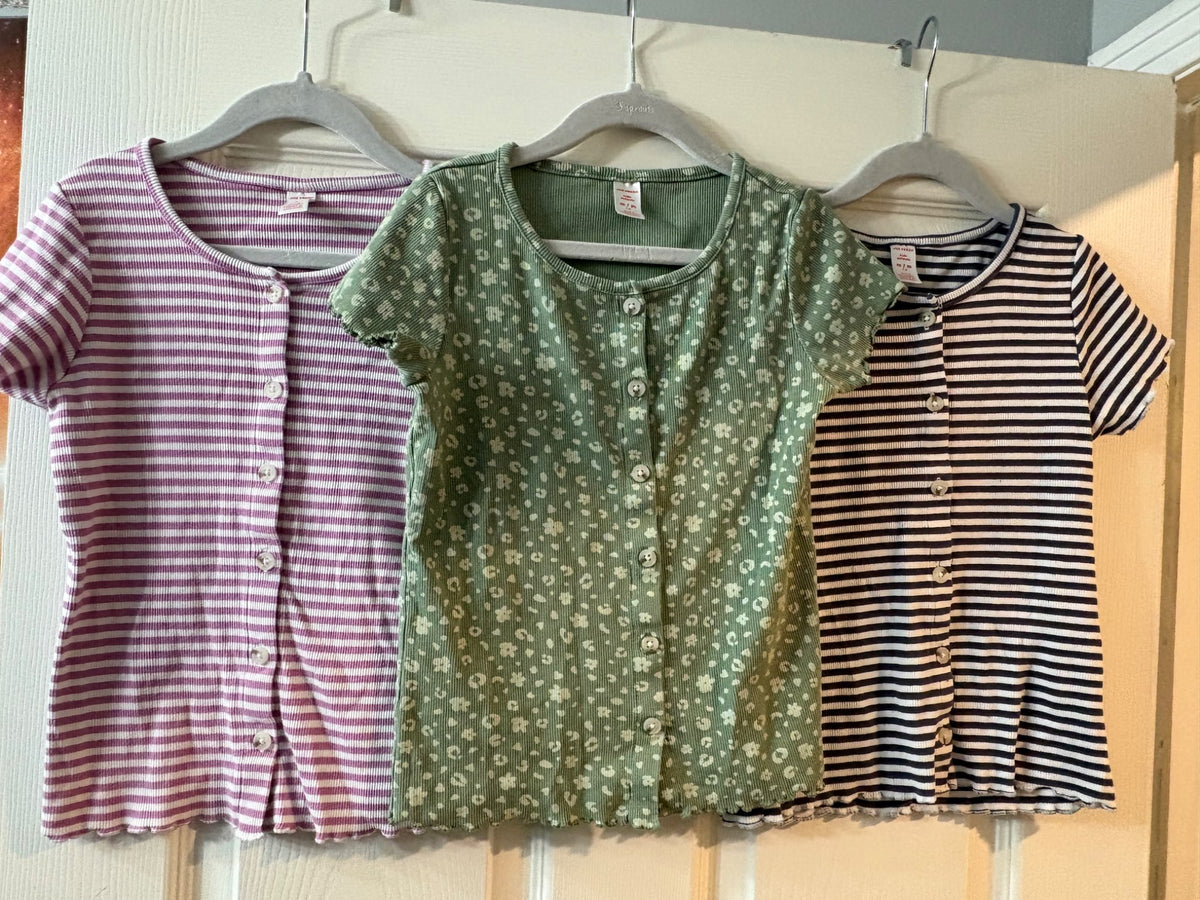 Girls Short-Sleeve Ribbed Button-Front Tops (3-Pack), Kids 7