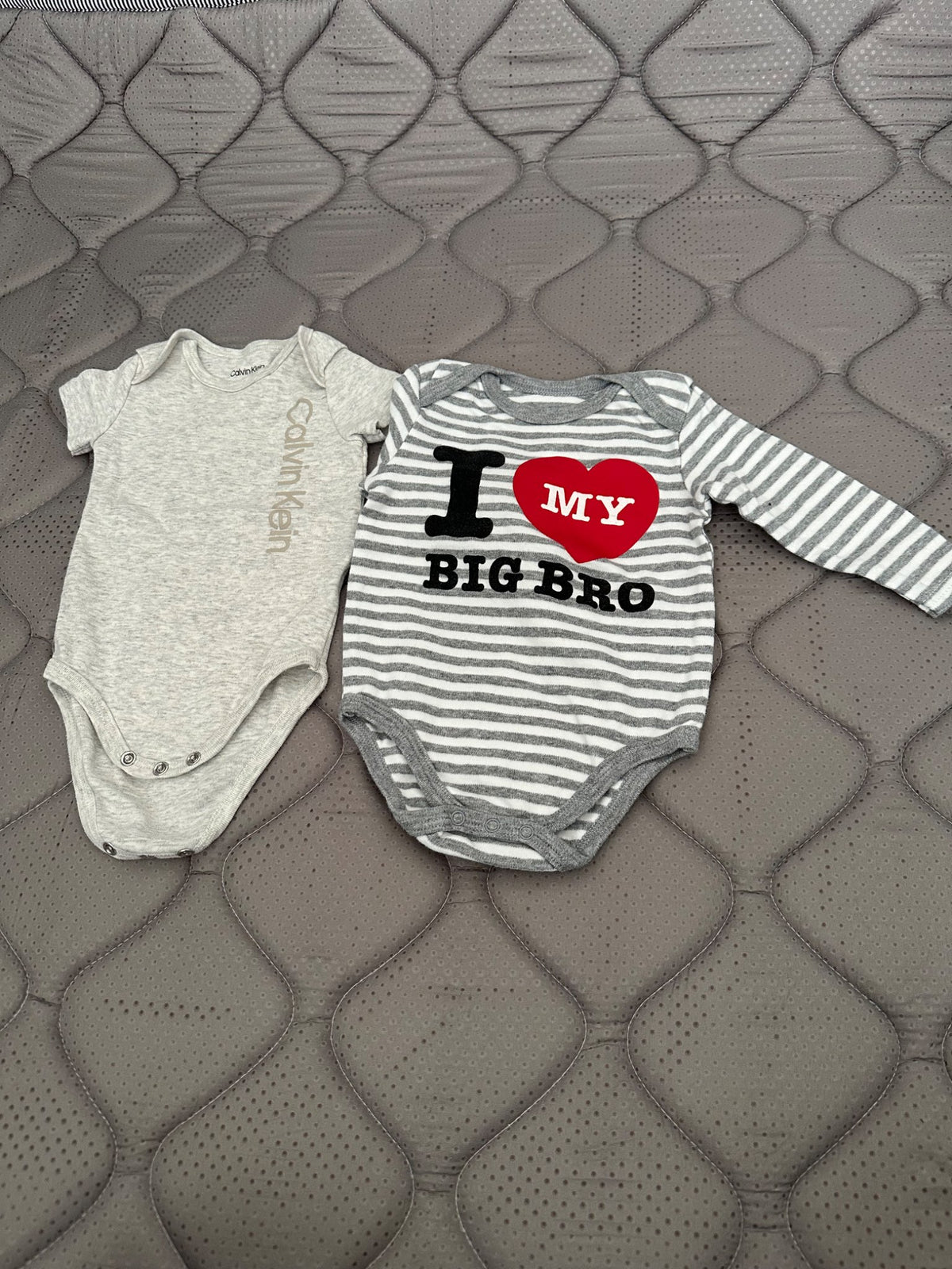 Calvin Klein short sleeve onesie and “I love my big bro” long sleeve onesie, Kids 9 Month (6-9M)