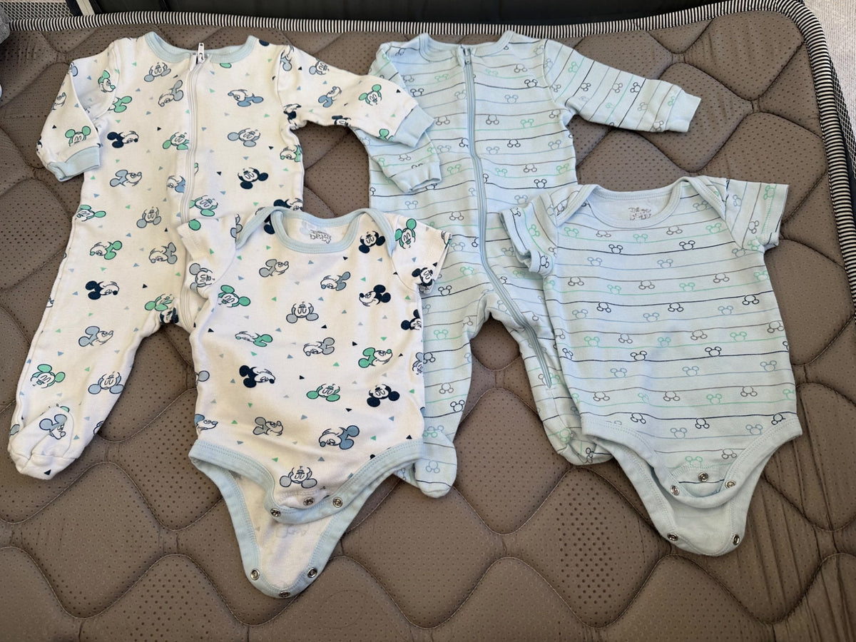 Disney baby 2 sets of a long sleeve footed romper/sleeper, and a short sleeve onesie, 4 items total, size 3-6 months, Kids 6 Month (3-6M)