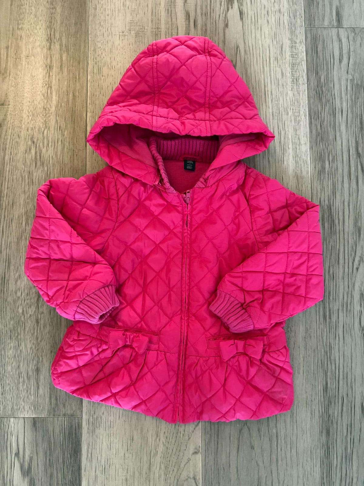Gap Hot Pink Quilted Hooded Jacket with Bows & Peplum - Size 5 (#225), Kids 5/5T