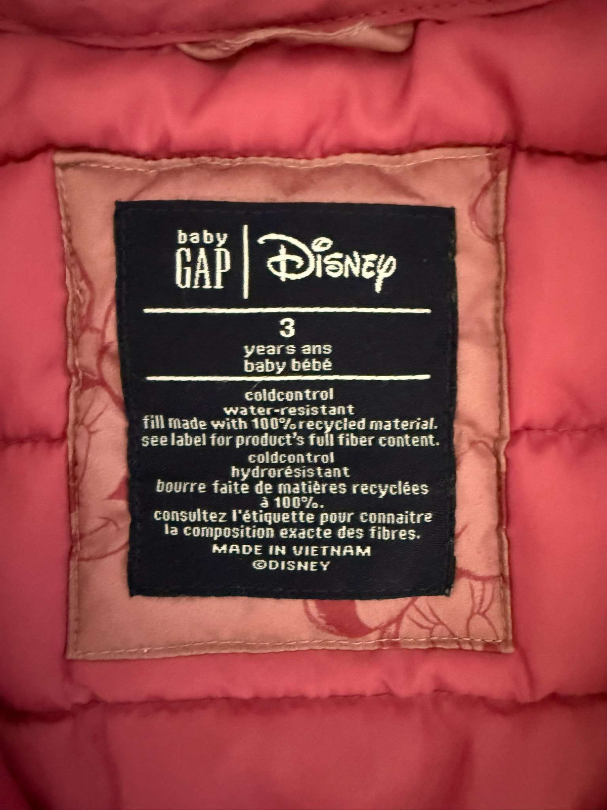 Primaloft Disney Girls Jacket GAP Size 3 (137), Kids 3T