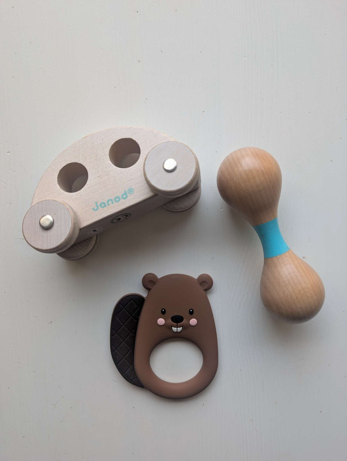 Wooden Baby Toy Bundle & Silicone Beaver Teether (Janod)