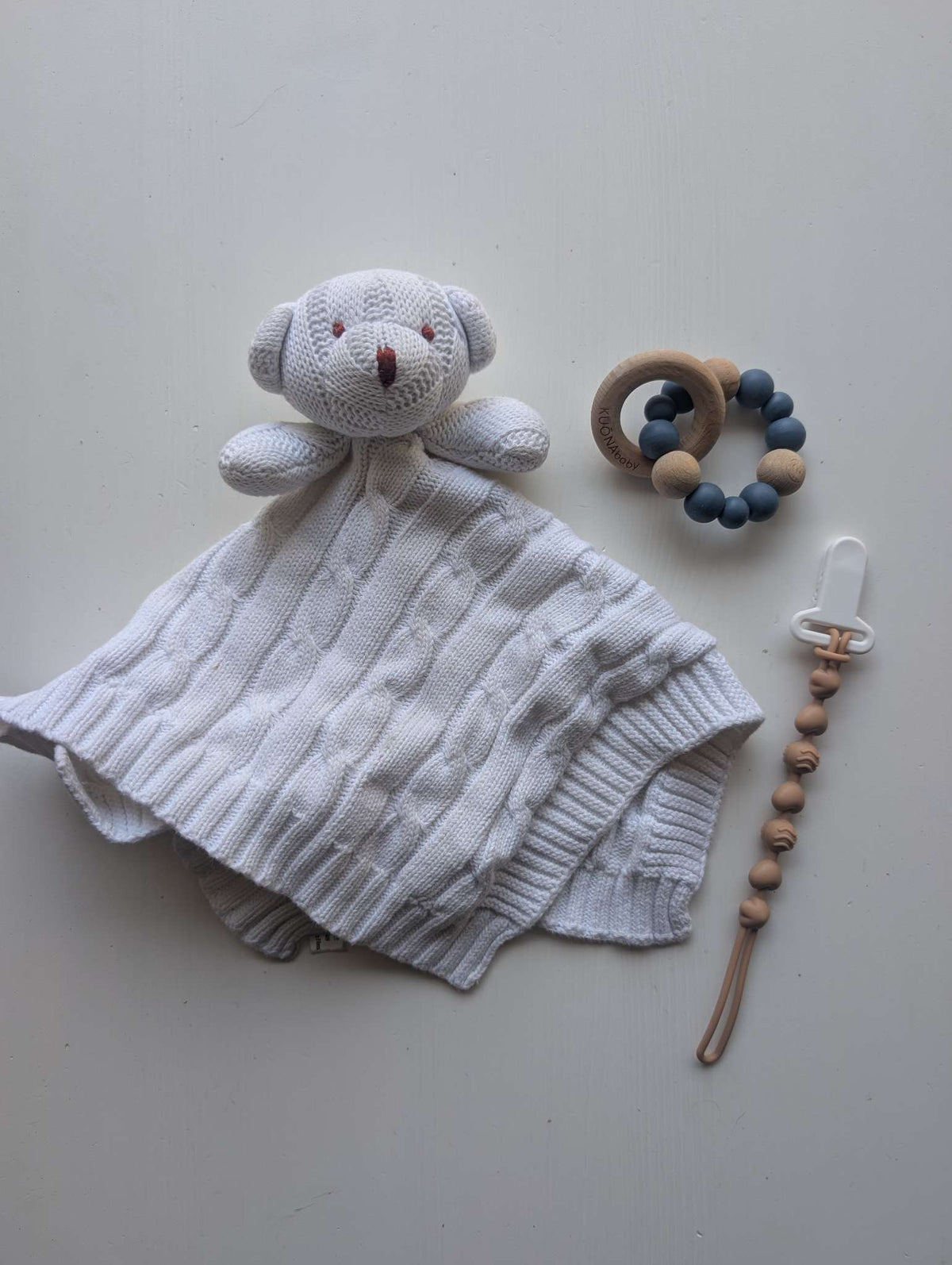 Neutral Baby Accessories Bundle - Knit Bear Lovey, Kuonababy Teether & Paci Clip