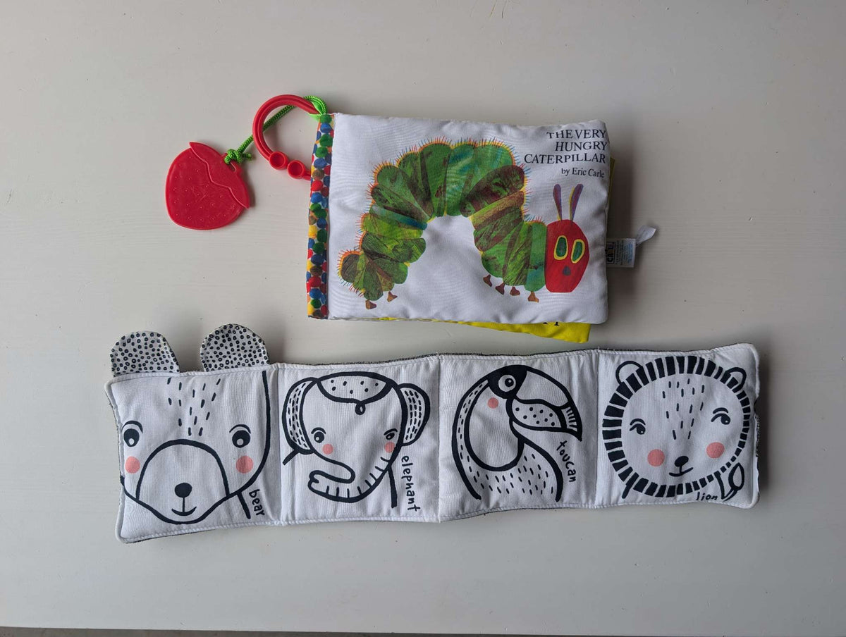 Baby Soft Cloth Books & Teether Bundle (Eric Carle) - Hungry Caterpillar, High Contrast soft book, 0+ months