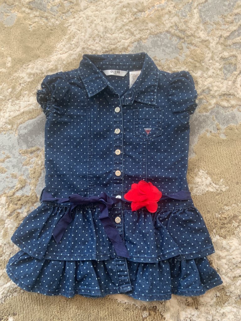 Guess Kids 3T dark blue wash jeans dress with white dots, Kids 3T