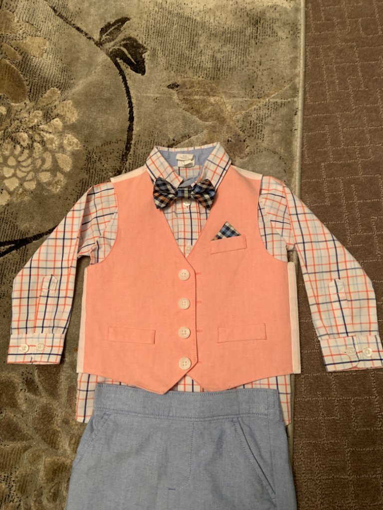 Starting out 18 M 4 pc blue and orange suit including long sleeve dress shirt, vest, pants and bow tie, Kids 18 Month (12-18M)