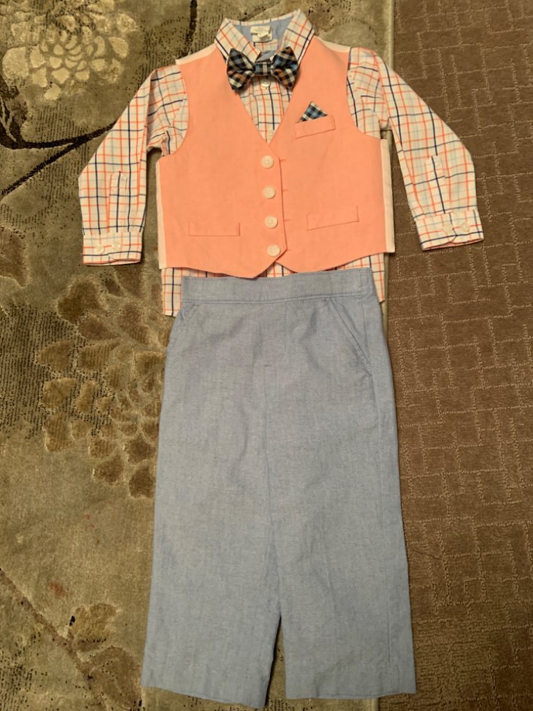 Starting out 18 M 4 pc blue and orange suit including long sleeve dress shirt, vest, pants and bow tie, Kids 18 Month (12-18M)