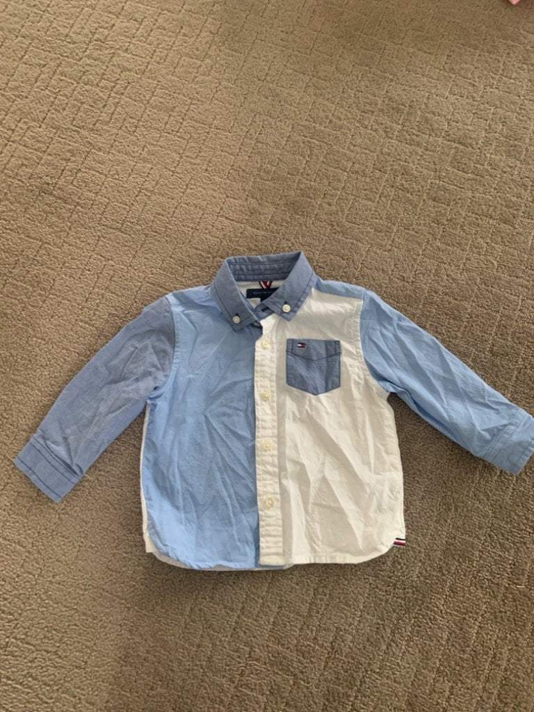 Tommy Hilfiger size 12 M blue and white dress shirt, Kids 12 Month (9-12M)