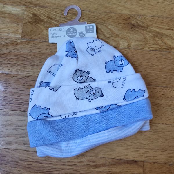 3 Pack NWT George Baby Hats 0-9M 100% Cotton
