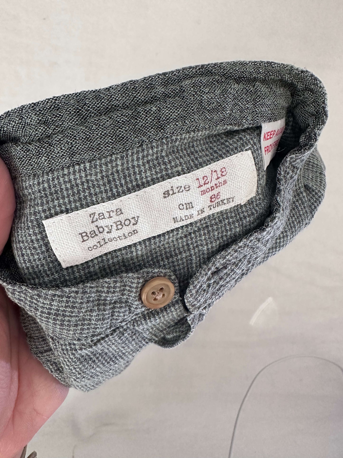 Zara sage green grid button down 12-18m, Kids 18 Month (12-18M)