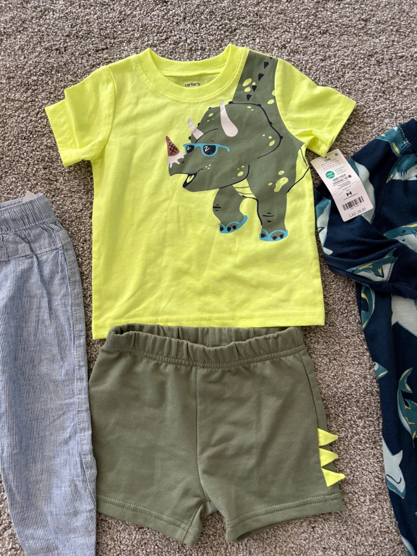 12M boy summer bundle - NWT carter's summer outfit + H&M linen summer pants + carter's sleeper , Kids 12 Month (9-12M)