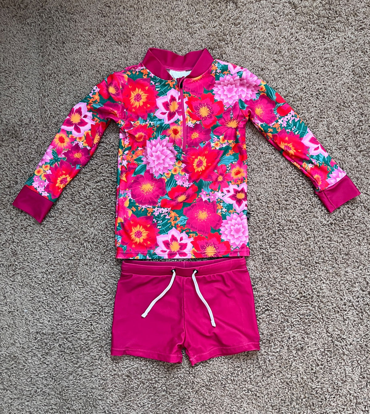 Honey Suckle, girl, 2 piece long sleeve rash guard shirt with swim trunk, UPF 50+