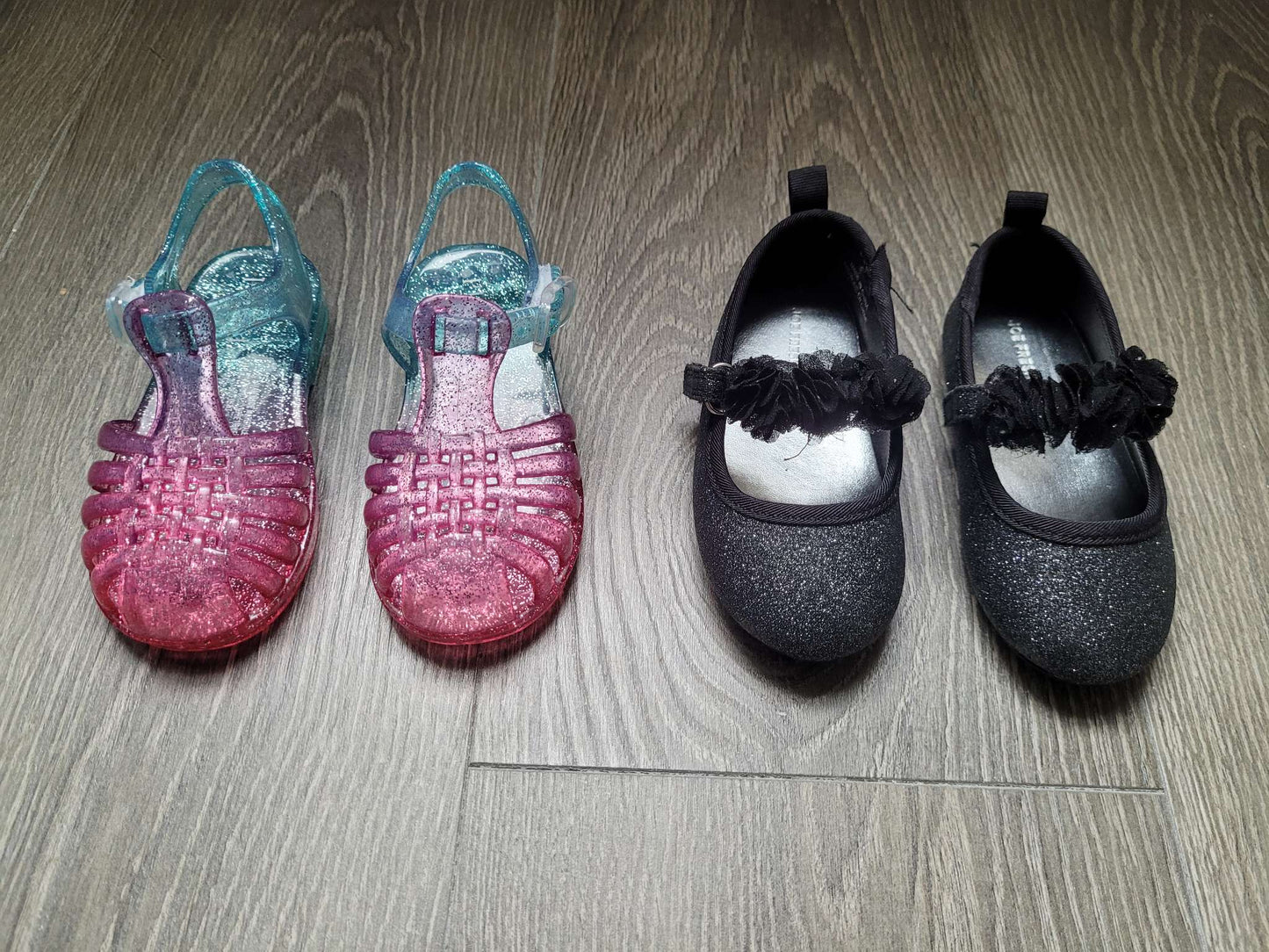 TCP Rainbow Jelly Shoes & Joe Fresh Black Sparkly Shoes, Shoes 6 (Walkers:12-24 mth)