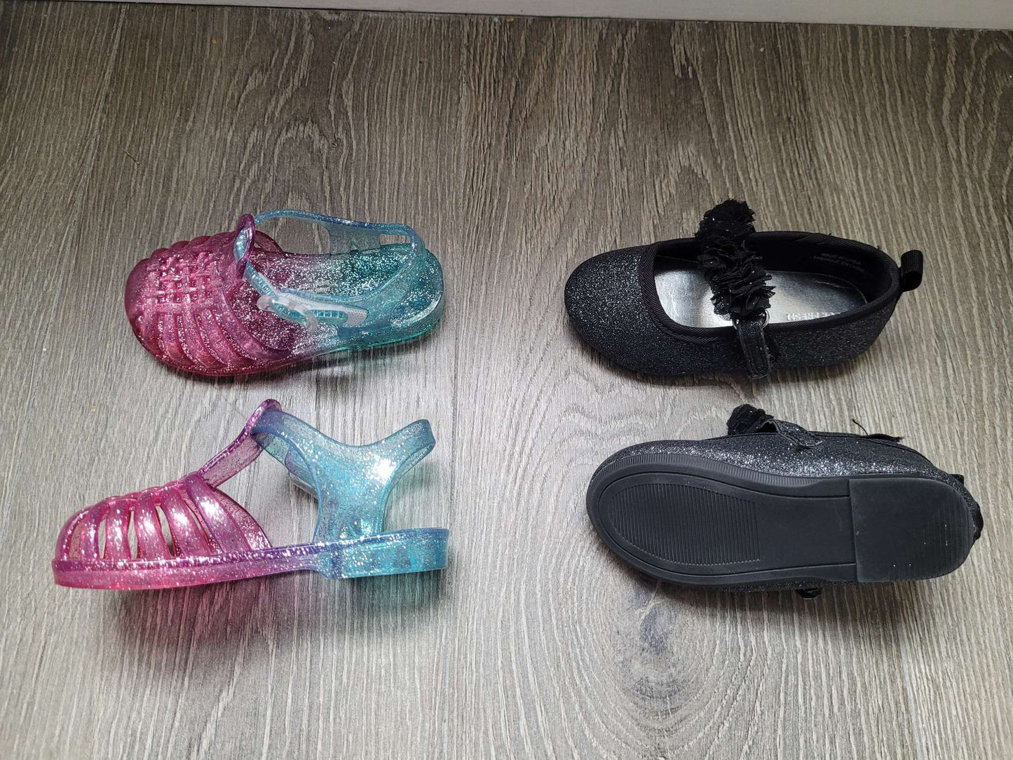 TCP Rainbow Jelly Shoes & Joe Fresh Black Sparkly Shoes, Shoes 6 (Walkers:12-24 mth)