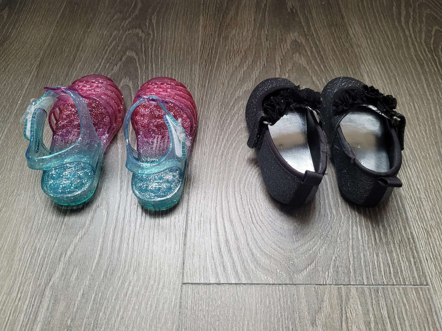 TCP Rainbow Jelly Shoes & Joe Fresh Black Sparkly Shoes, Shoes 6 (Walkers:12-24 mth)
