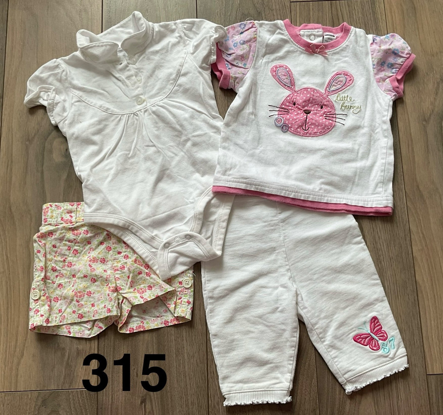 Girls Summer White Onesie, Floral Shorts, Bunny T and white Capris 18 Months, Kids 18 Month (12-18M)