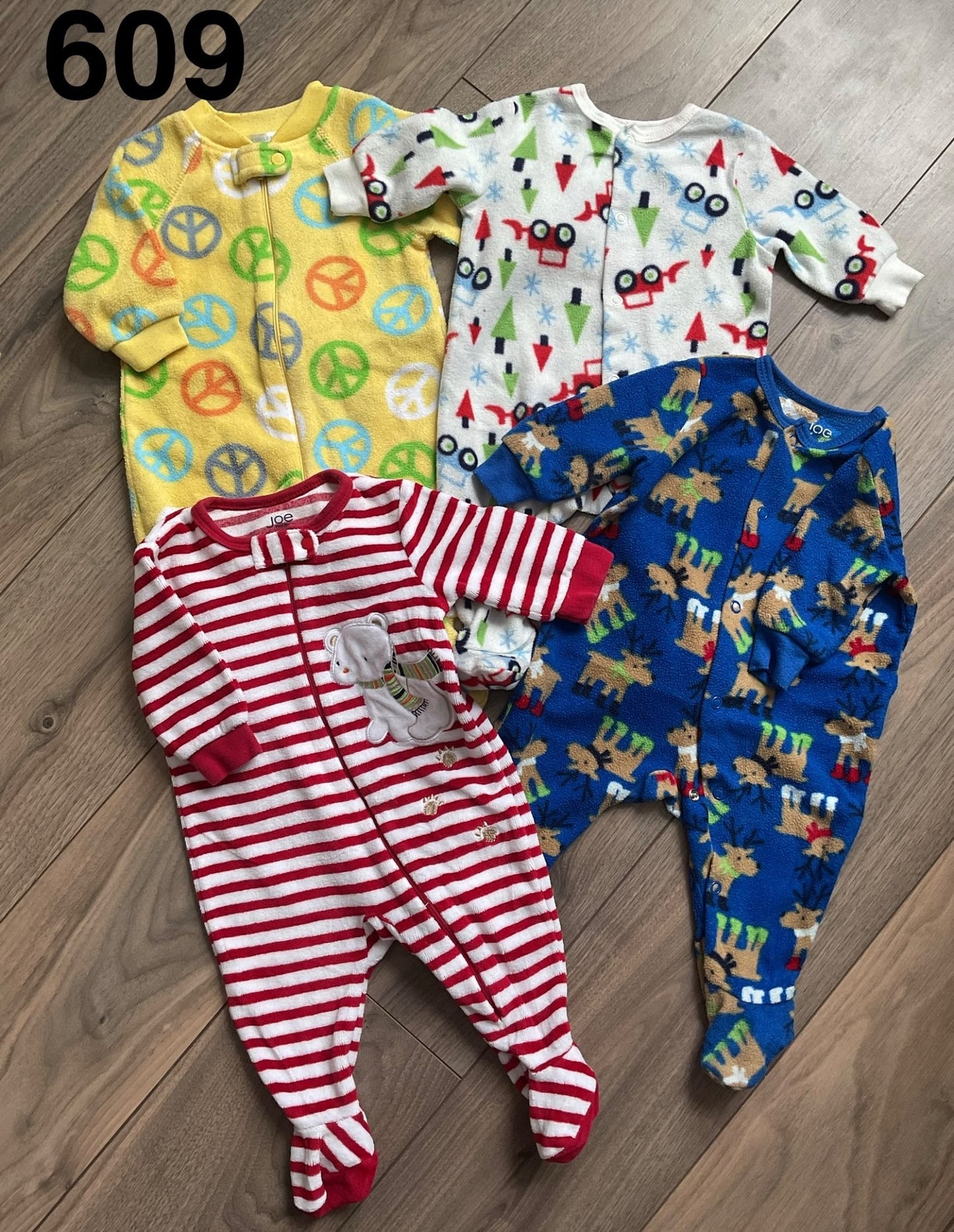 Fleece Sleepers Bundle of 4 Yellow Peace, White Trucks, Blue Reindeer Red Stripe 0-3 Months, Kids 3 Month (0-3M)