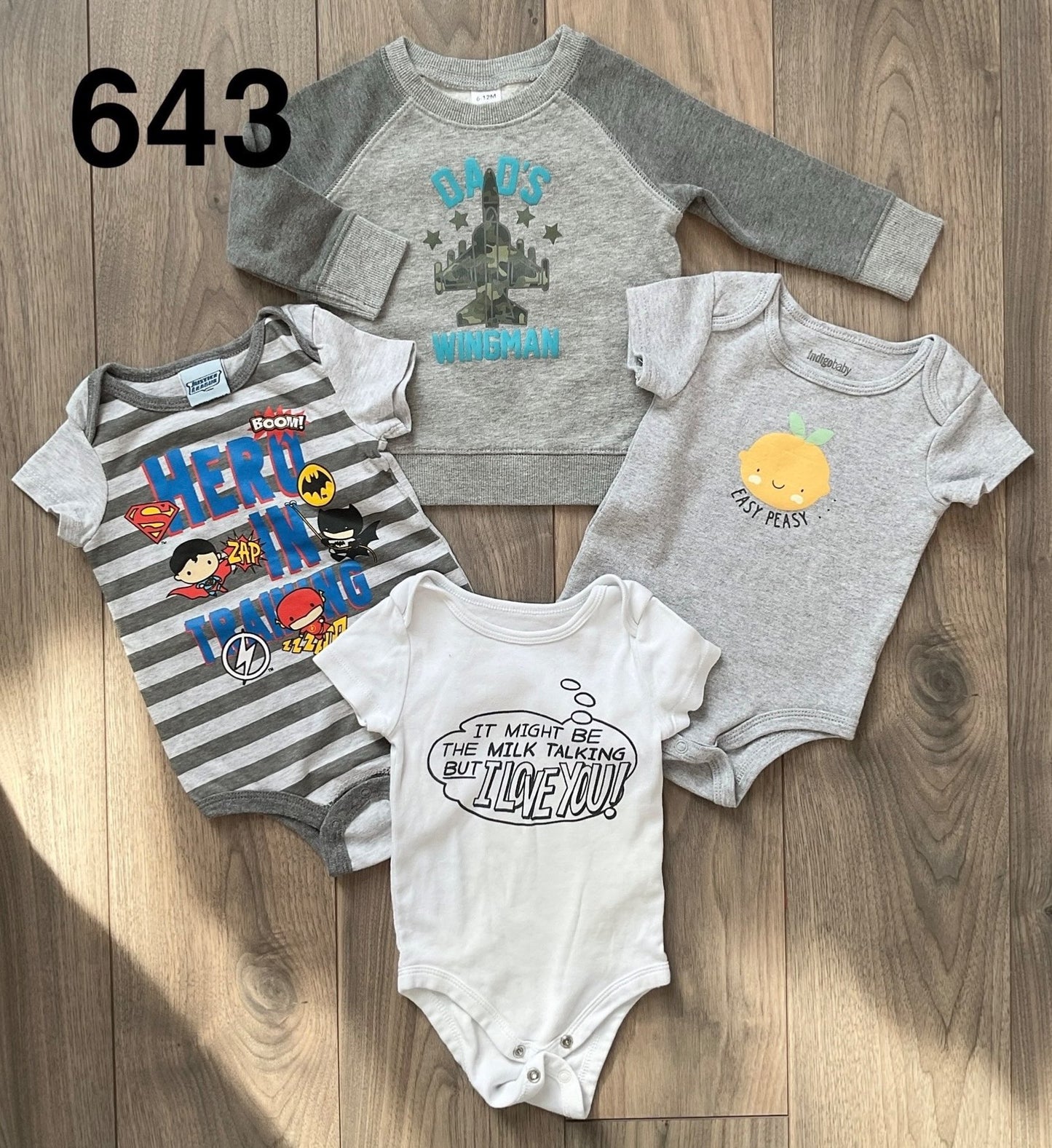 Onesies and Sweatshirt, Superheroes, I Love You, Easy Peasy 6-12 Months and Wingman 4pc, Kids 9 Month (6-9M)