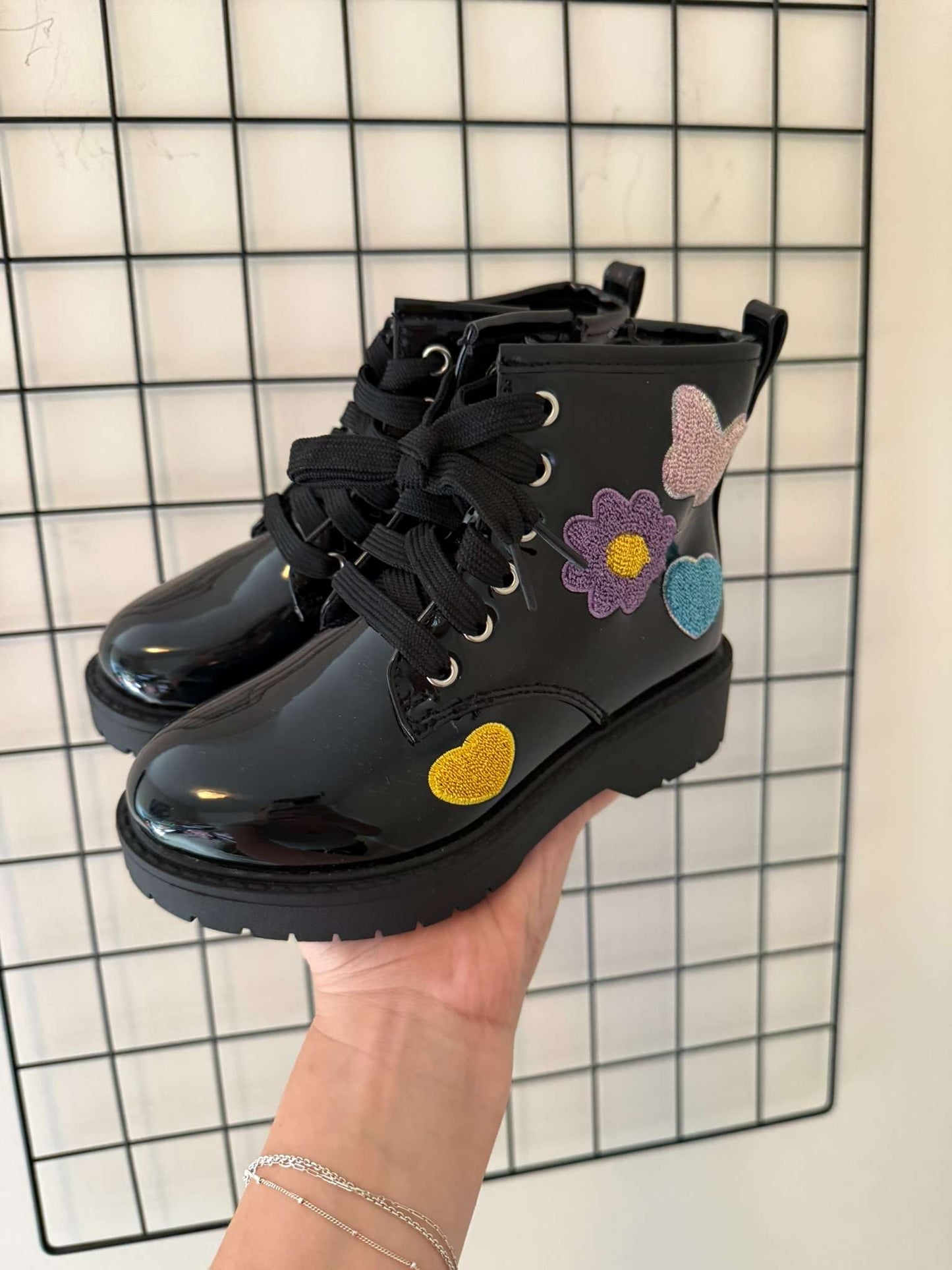 Black Boots with Flower Patches, Shoes 11 (Toddler:2-4yr)