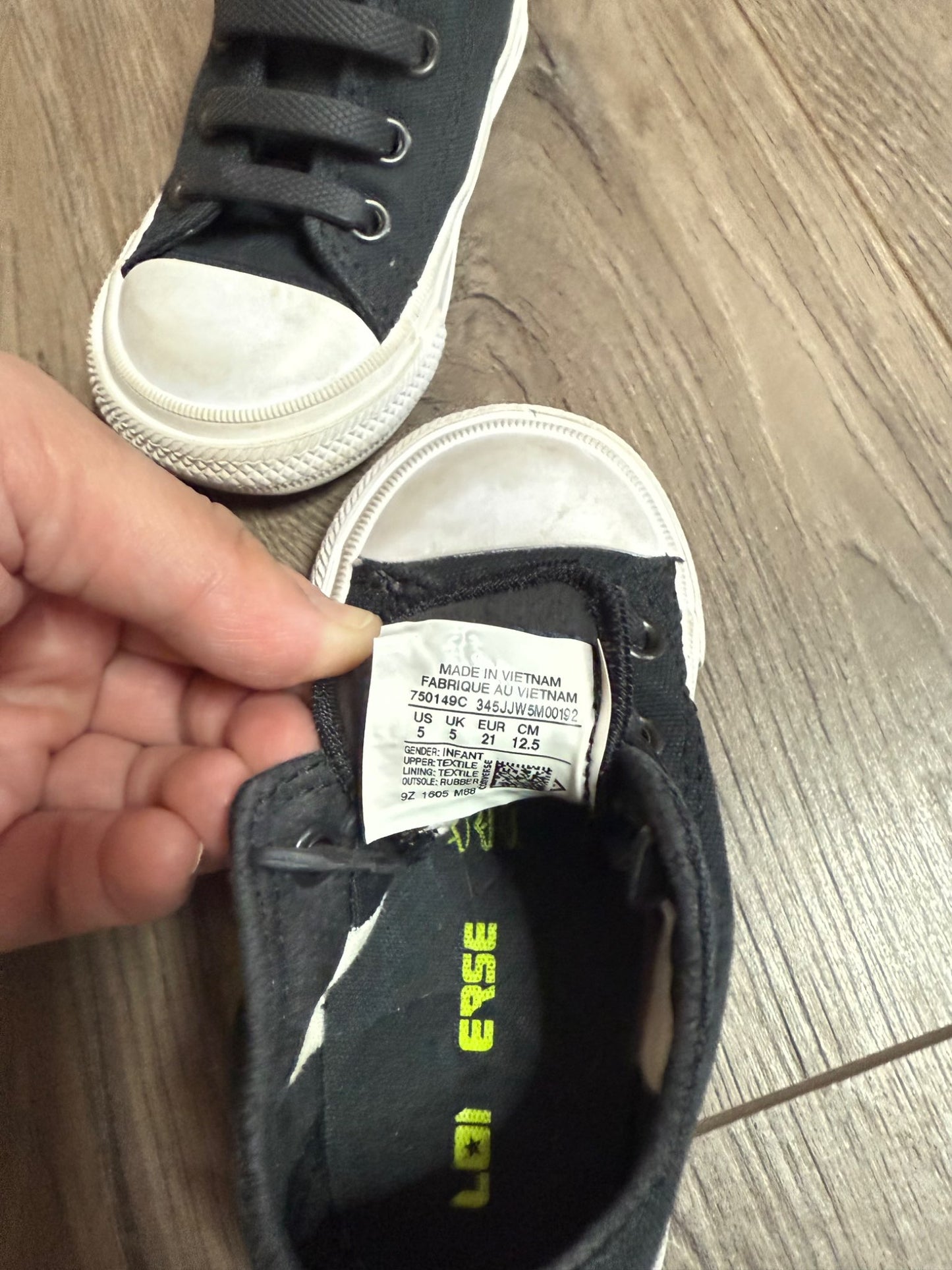 Converse Chuck Taylor’s - All Black Stitching, Size 5 (w/ Stretch Laces), Shoes 5 (Walkers:12-24 mth)
