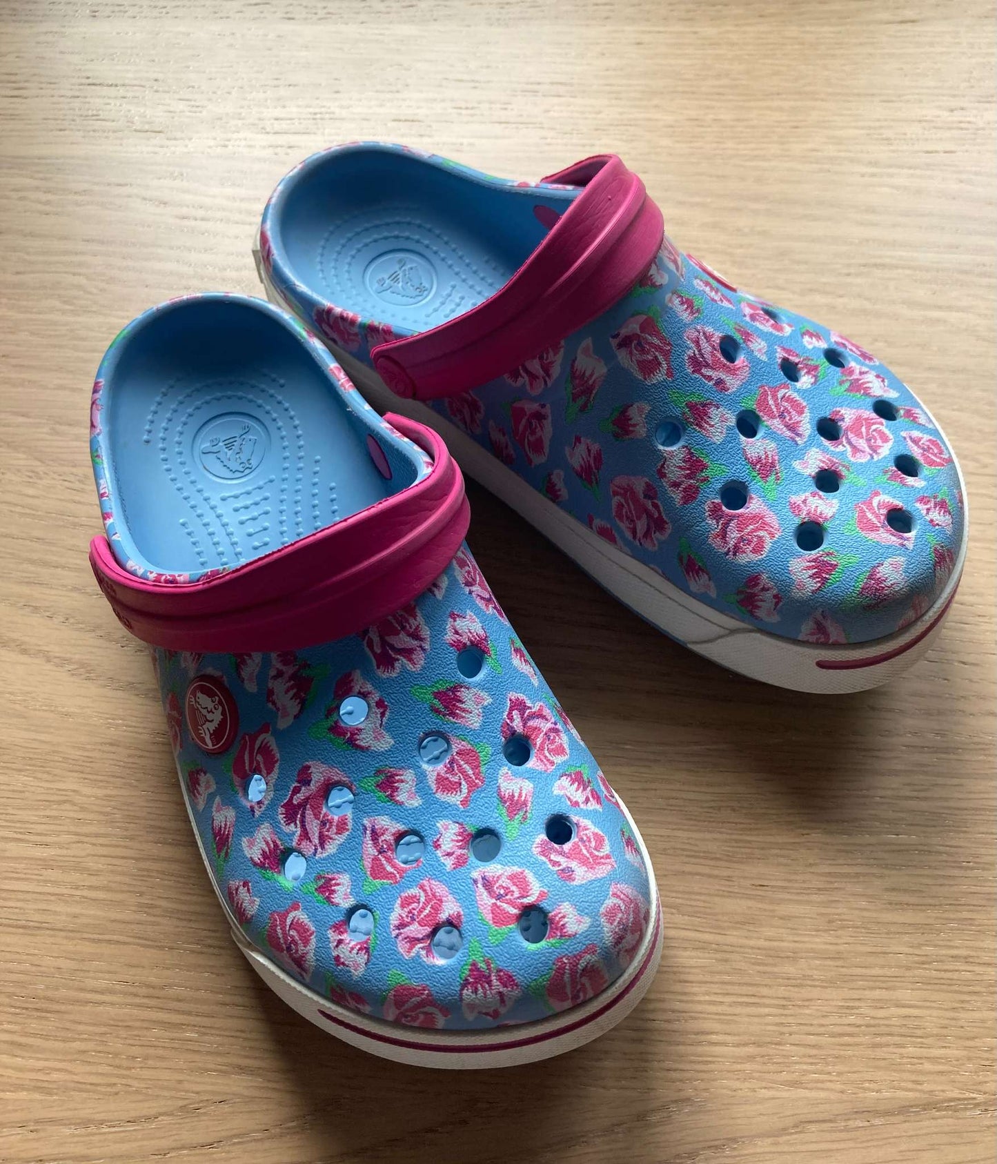 Floral Light Blue Crocs, Size 12-13, Shoes 12.5 (Kids:4-8yr)