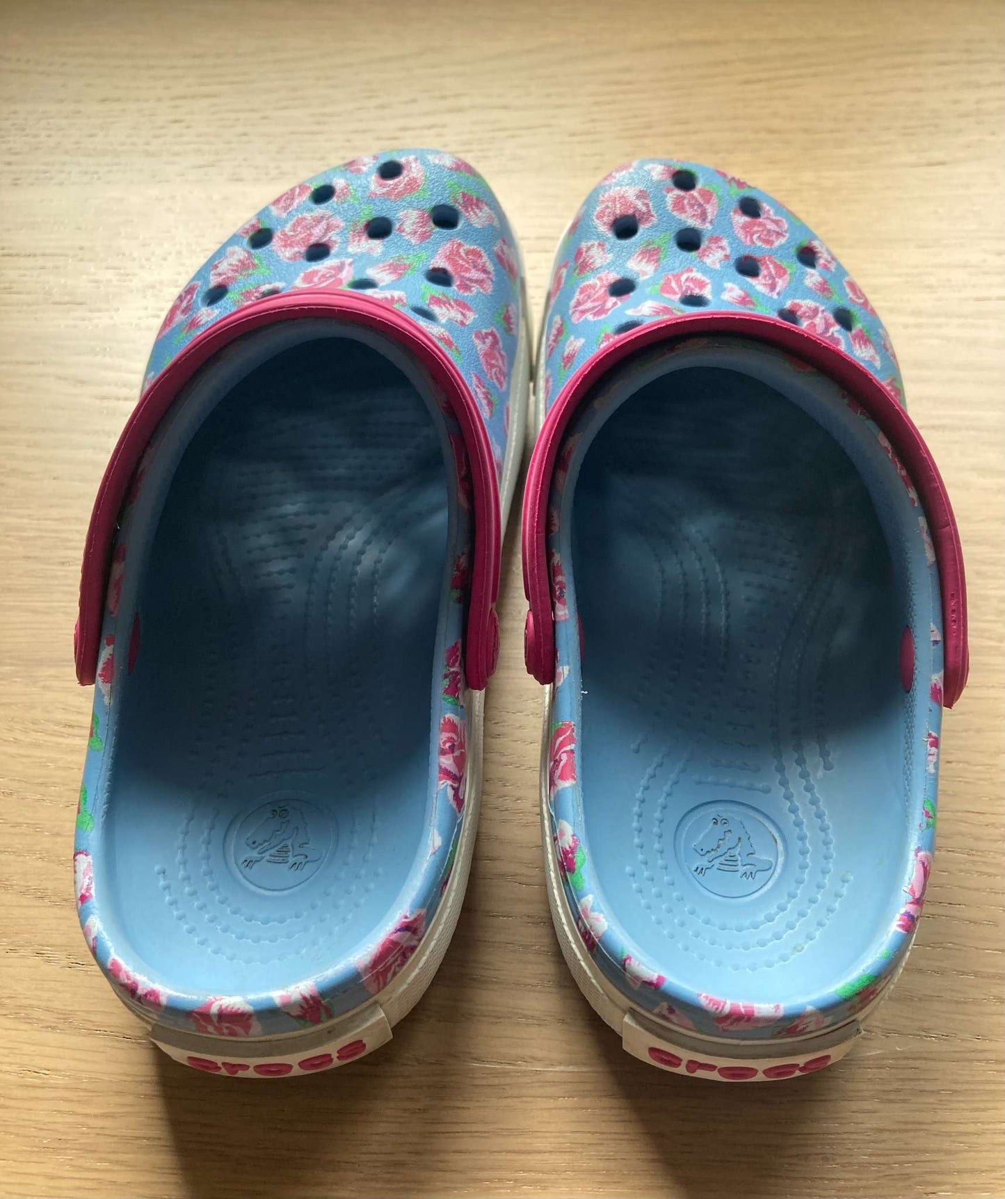 Floral Light Blue Crocs, Size 12-13, Shoes 12.5 (Kids:4-8yr)