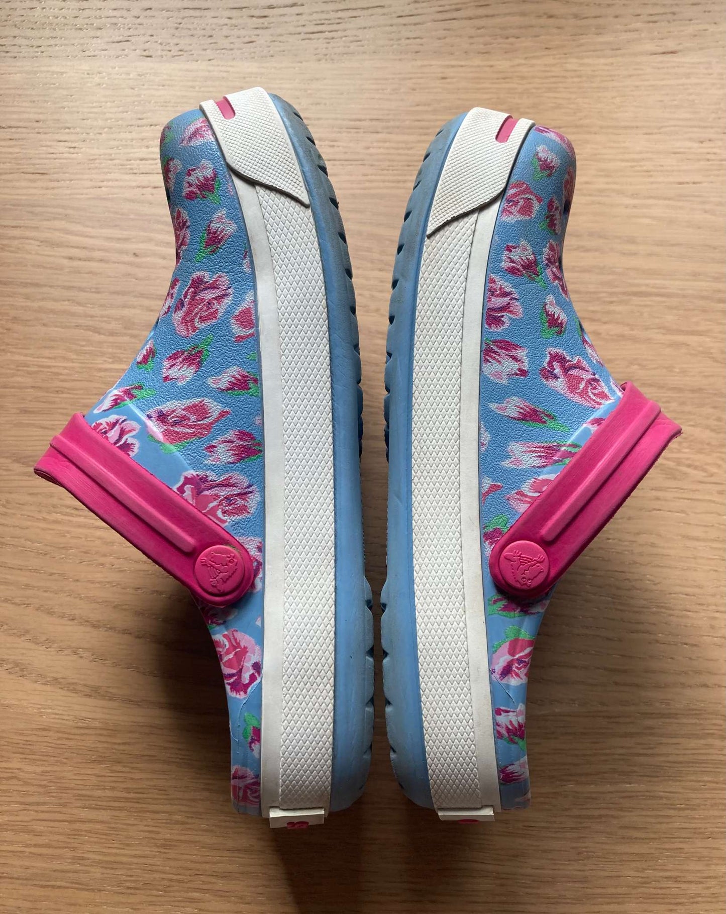 Floral Light Blue Crocs, Size 12-13, Shoes 12.5 (Kids:4-8yr)